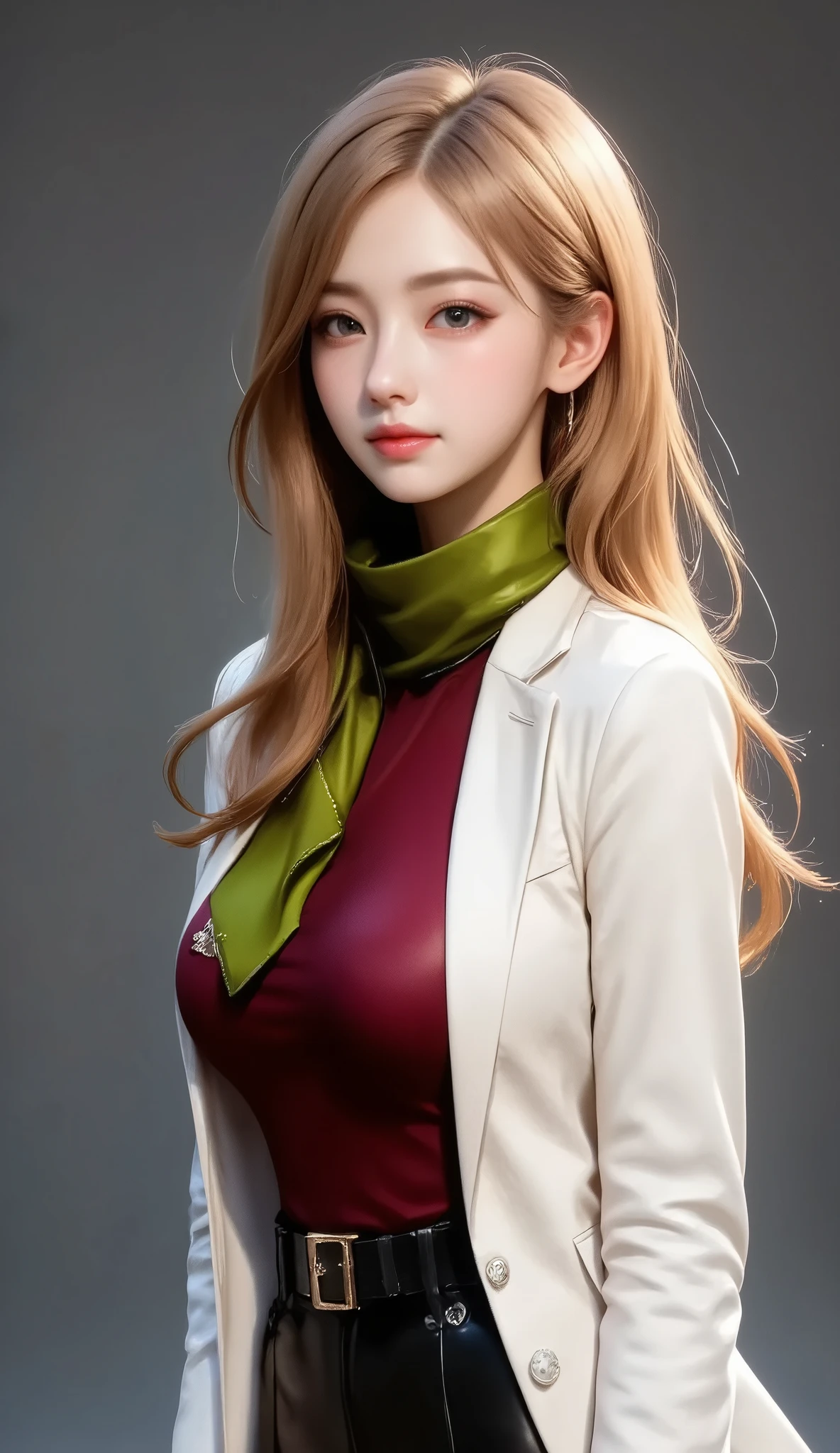 (ultra detailed, absolutely resolution, best quality:1.3), 2.5D, delicate and dynamic, shading effects, hyper realistic, artistic photography,, (full body shot, side view:1.7), a long blond haired woman, (wearing a red sweater, black long skirt, white Trench Coat, and long green Scarf:1.7), Inspired by Magali Villeneuve, fantasy art portrait , fantasy portrait art, detailed matte fantasy portrait , Alice x. open, fantasy portrait , epic fantasy art portrait , beautiful fantasy art portrait , Magali Villeneuve, Graphic Artist Magali Villeneuve, Fantasy genre portrait , epic fantasy digital art style