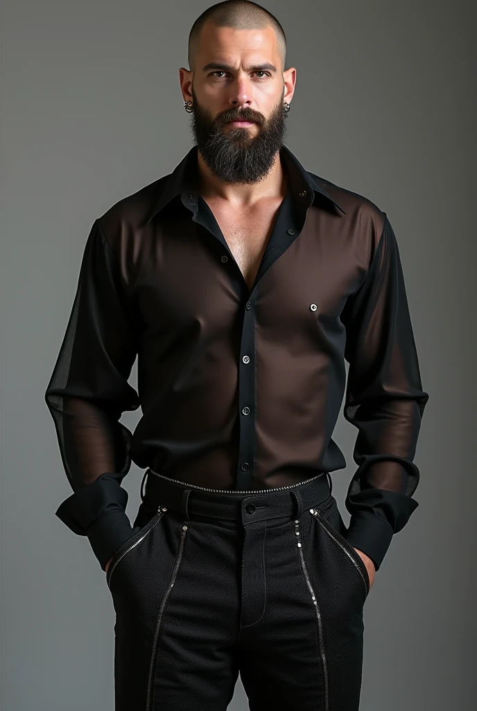 A sexy and handsome man,with gorgeous face and beautifull eyes, he has stylish black hair, wearing a casual shirt, and inner wear, homoerotic, nsfw,masterpiece, intimidating expression , public place , short beard