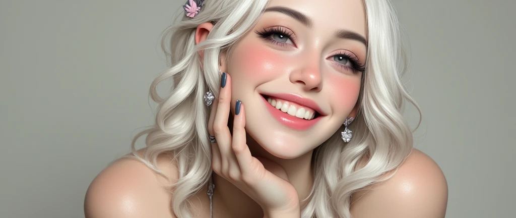 Full body photography, beautiful Caucasian young woman with white hair and a flower in her hair smiles at the camera. Best quality, superior  12k unbeatable resolution