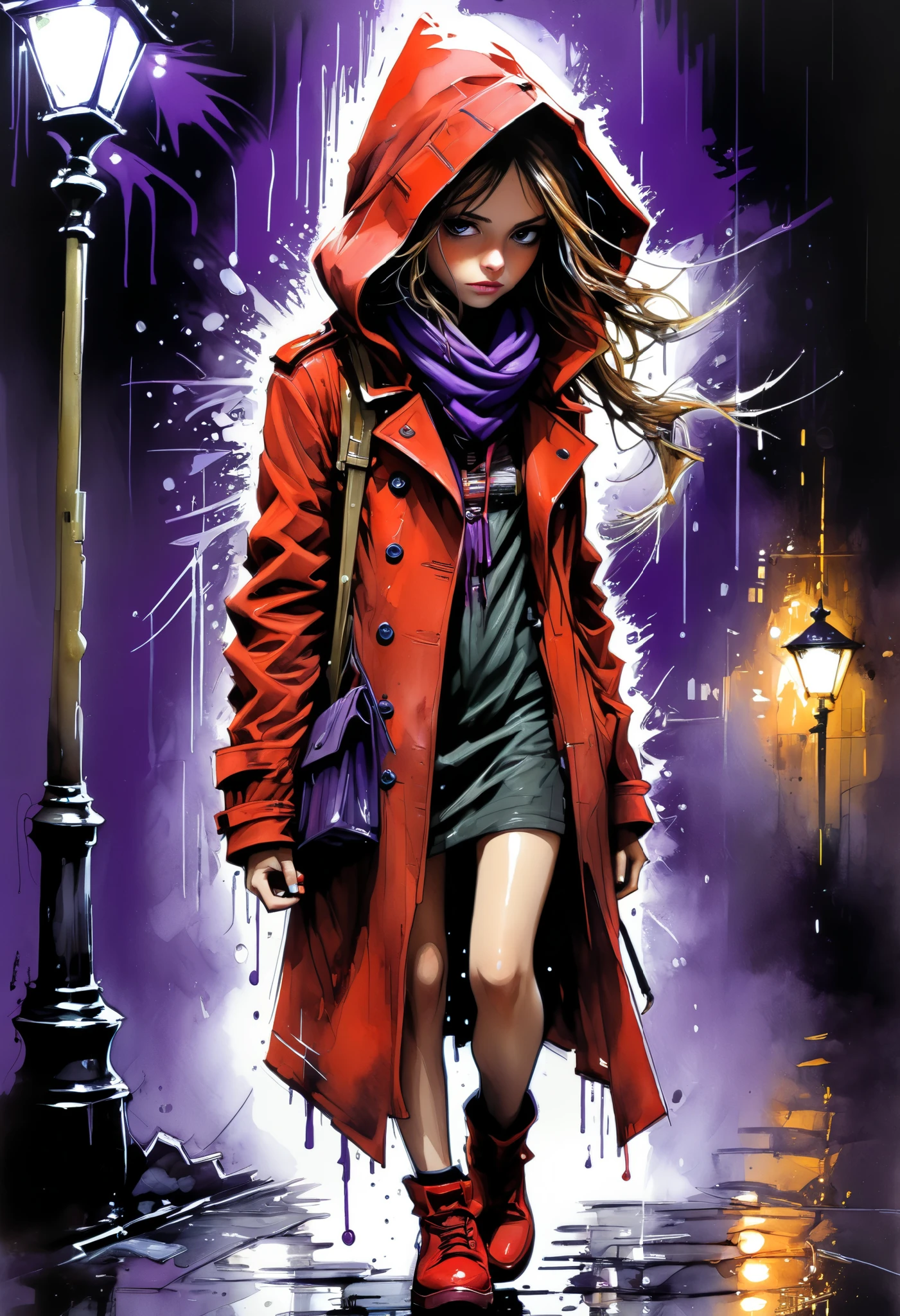 Girl in a red trench coat with a hood and purple scarf walking down the street, (Jamie Hewlett, Carne Griffiths), dark alley with a street lamp, night, rain, (John Berjey), anime style, 3D, hyper-realistic, detailed drawing, watercolor and ink technique china.