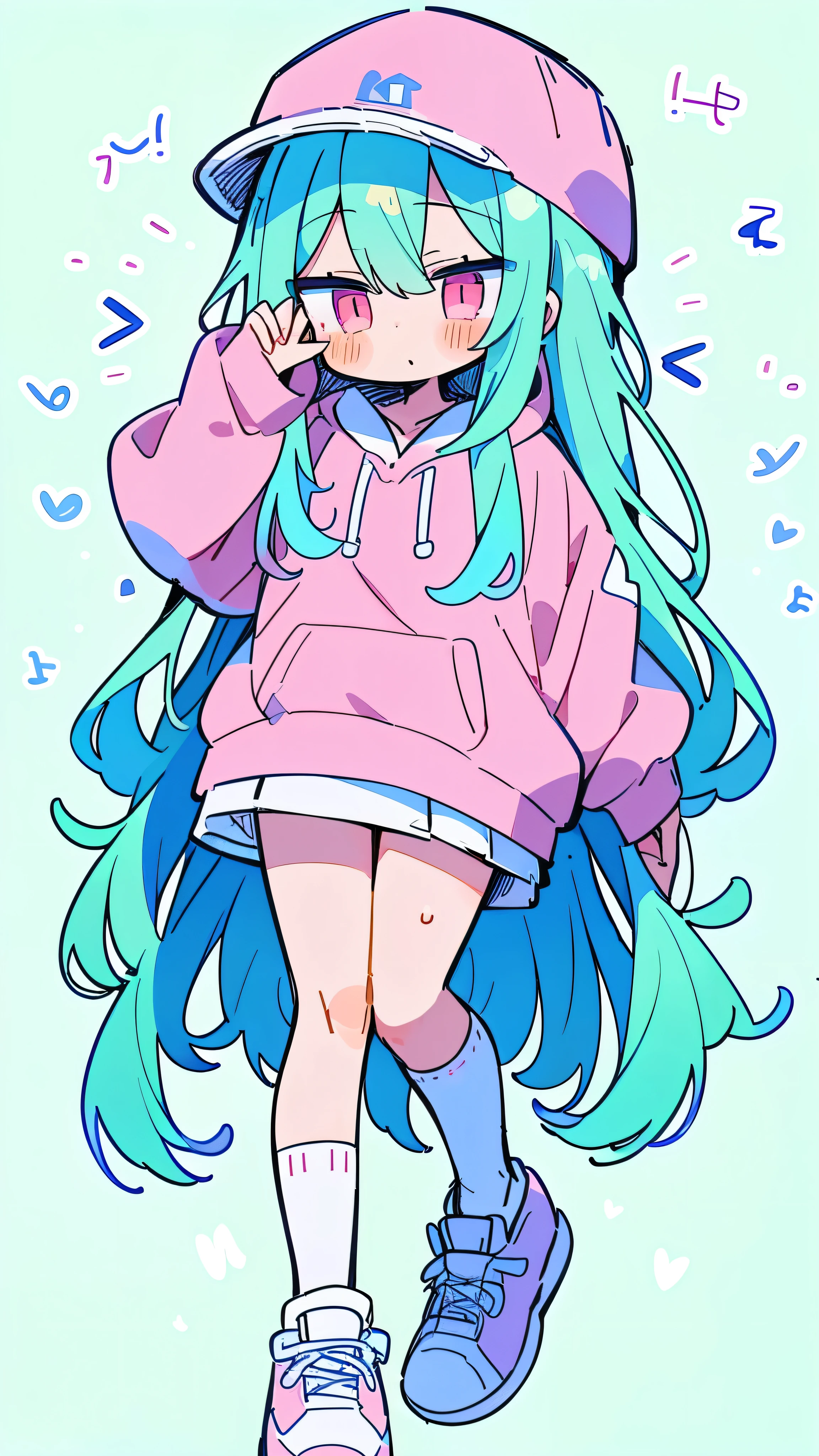 (PlanIt schematic ), ( 1girl xml file chan), xx, vscode, , digital world，Light blue long hair， Pink eyes ，pink hoodie ， white over-the-knee socks，Sports shoes， Baseball Cap ， green background 