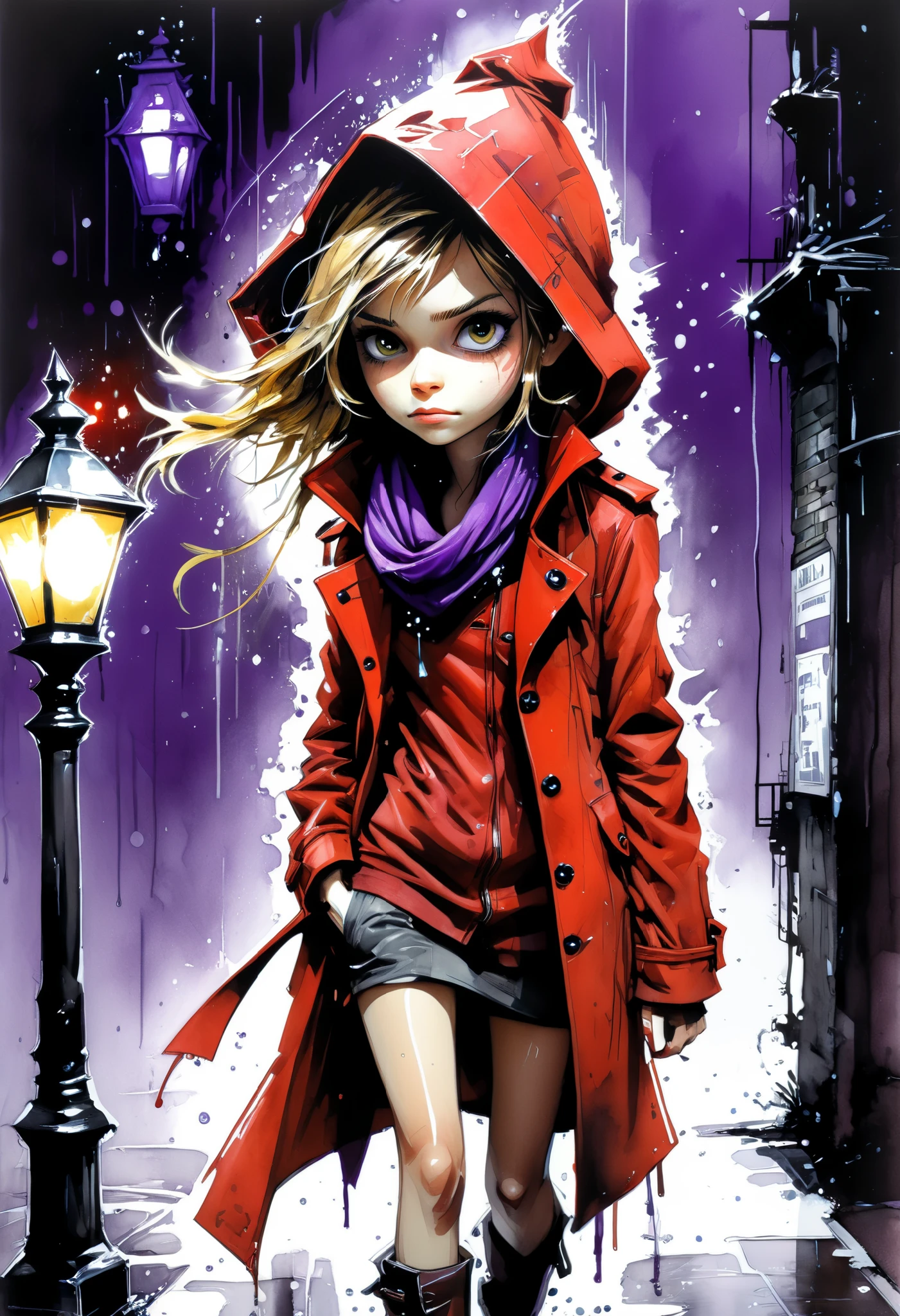 Girl in a red trench coat with a hood and purple scarf walking down the street, (Jamie Hewlett, Carne Griffiths), dark alley with a street lamp, night, rain, (John Berjey), anime style, 3D, hyper-realistic, detailed drawing, watercolor and ink technique china.