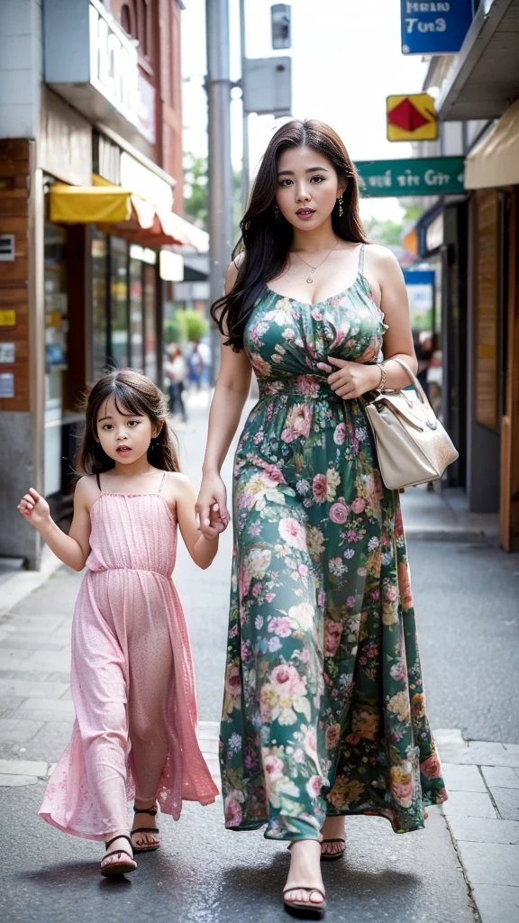 Happy family, women huge breasts, big booty, full body, sexy pose, batik dress hot, child happy,perfect fice, medium dress, walk mall, erection nipple, huge nipple,