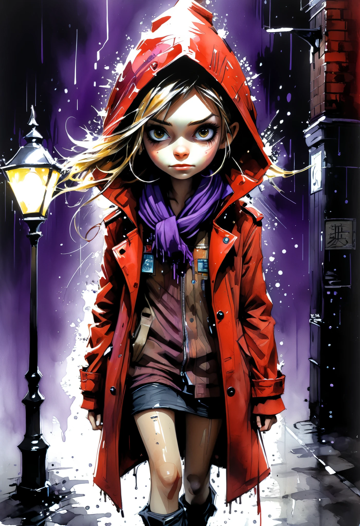 Girl in a red trench coat with a hood and purple scarf walking down the street, (Jamie Hewlett, Carne Griffiths), dark alley with a street lamp, night, rain, (John Berjey), anime style, 3D, hyper-realistic, detailed drawing, watercolor and ink technique china.