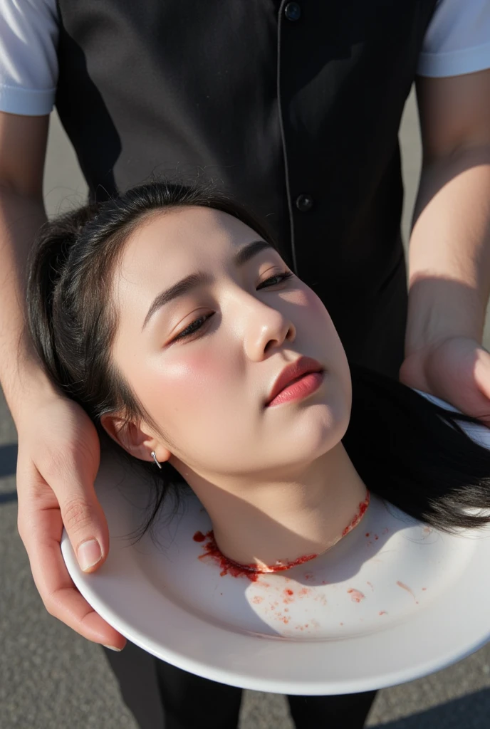 The severed head of a beautiful fat actress is placed on a plate in the hands of a waiter. There are bloodstains around her neck. The severed head has a black ponytail hairstyle, There is a dot in the middle of her eyebrows, Her eyes are closed.  Her mouth slightly open ,  blush , A small nose ring, and natural makeup. The severed head shows all the details of her real face, Not a hint of a smile, Giving the impression that she is immersed in thought,Instead of being lifeless, Everything is against the background of daylight.