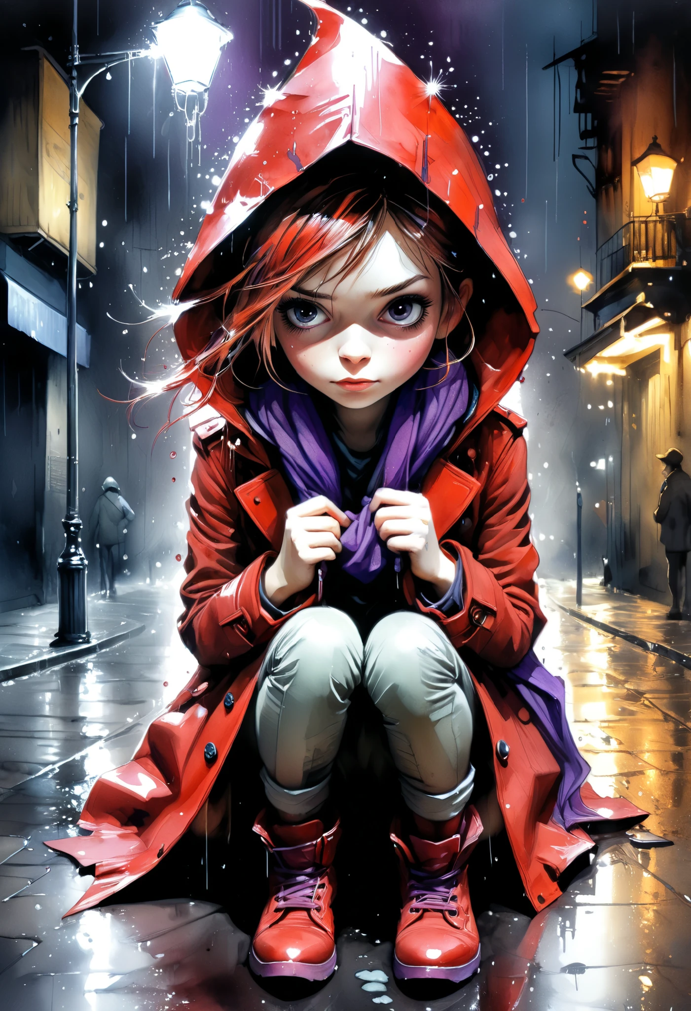 Girl in a red trench coat with a hood and purple scarf, sitting in the street, (Jamie Hewlett, Carne Griffiths), dark alley with a street lamp, night, rain, (John Berjey), anime style, 3D, hyper-realistic, detailed drawing, watercolor and ink technique china.