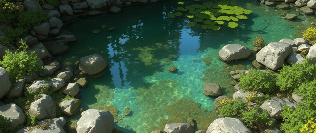 (masterpiece:1.2,Highest quality,Ultra-high resolution,Very detailed,Realistic,Ultra-high resolutionのカメラ),8k,wallpaper,(Shooting the pond from above),(A detailed depiction of the pond bottom with the water surface reflections removed.:2.0),sunny,Japanese garden,Serene landscape,Healingcyberpunk girl vibrante colors 