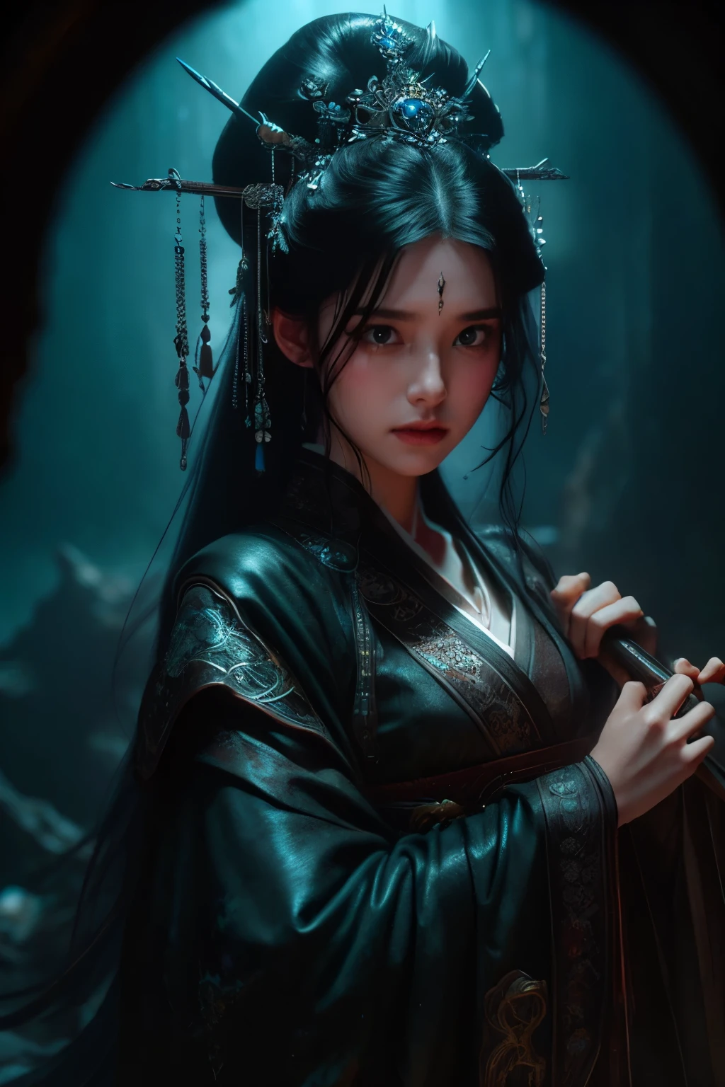 A cinematic, dark fantasy scene featuring a pale young woman with sharp, piercing eyes and delicate facial features. Her high ponytail of messy long black hair flows dramatically, while scars mark her face, adding to her intense and battle-worn appearance. She wears intricately designed, dark-colored armor adorned with ornate details, exuding both elegance and menace. In her hand, she wields a formidable weapon, her expression carrying a melancholic yet determined aura. The setting is a dramatic, misty night with a haunting atmosphere—withered, gnarled trees stretch into the fog, and the dim, eerie glow of faint, scattered lights enhances the somber mood. The environment is rich in detail, with cinematic lighting highlighting the intricate textures of her armor and the sharpness of her weapon. The air is heavy with tension, and the scene captures a sense of quiet, impending danger. **Ultra-realistic**, 8k resolution, hyper-detailed, photorealistic, volumetric lighting, dramatic shadows, soft glowing effects, intricate textures, high contrast, dark and moody tones, cinematic atmosphere, highly detailed background elements, and a focus on the intense and threatening yet melancholic ambiance.