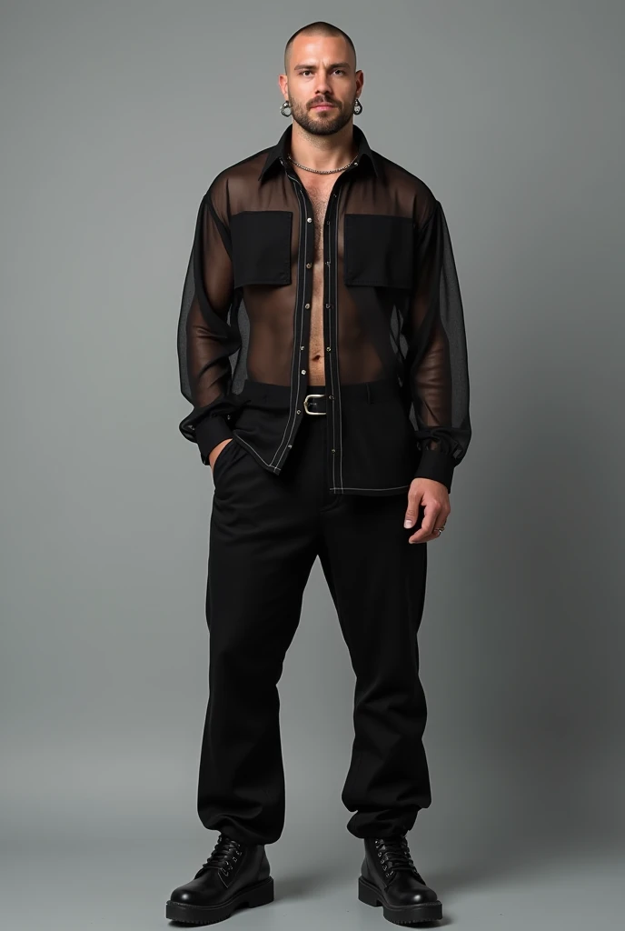 there is a man standing in a bathroom wearing a sheer shirt, mesh shirt, sheer, wearing translucent sheet, outfit photo, full body close-up shot, see - through, see through, full body frontal view, full length view, full body; front view, full-length view, full - length view, full body in view, outfit: cop