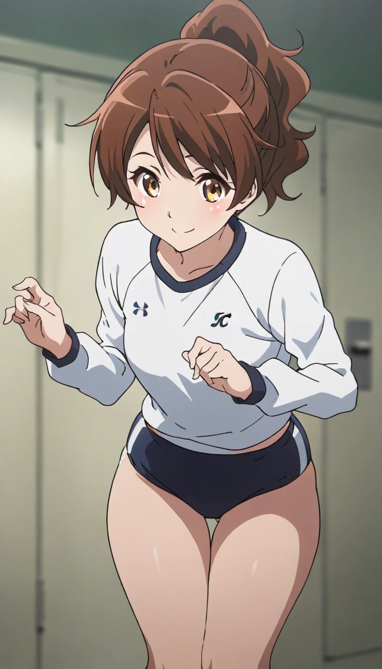 ( beautiful girl : 1.3), 1 girl,(Oumae Kumiko),(White gym clothes, Long Sleeve ,Dark blue buruma,thigh), ponytail,smile,Embarrassed,blush,locker room,masterpiece, top quality , super high res, rich contrast , high image quality,8k, High Definition CG Unit Wallpaper, texture , Unbelievably Absurd, super high res, RAW photos ,Deep border 1  .2, very detailed