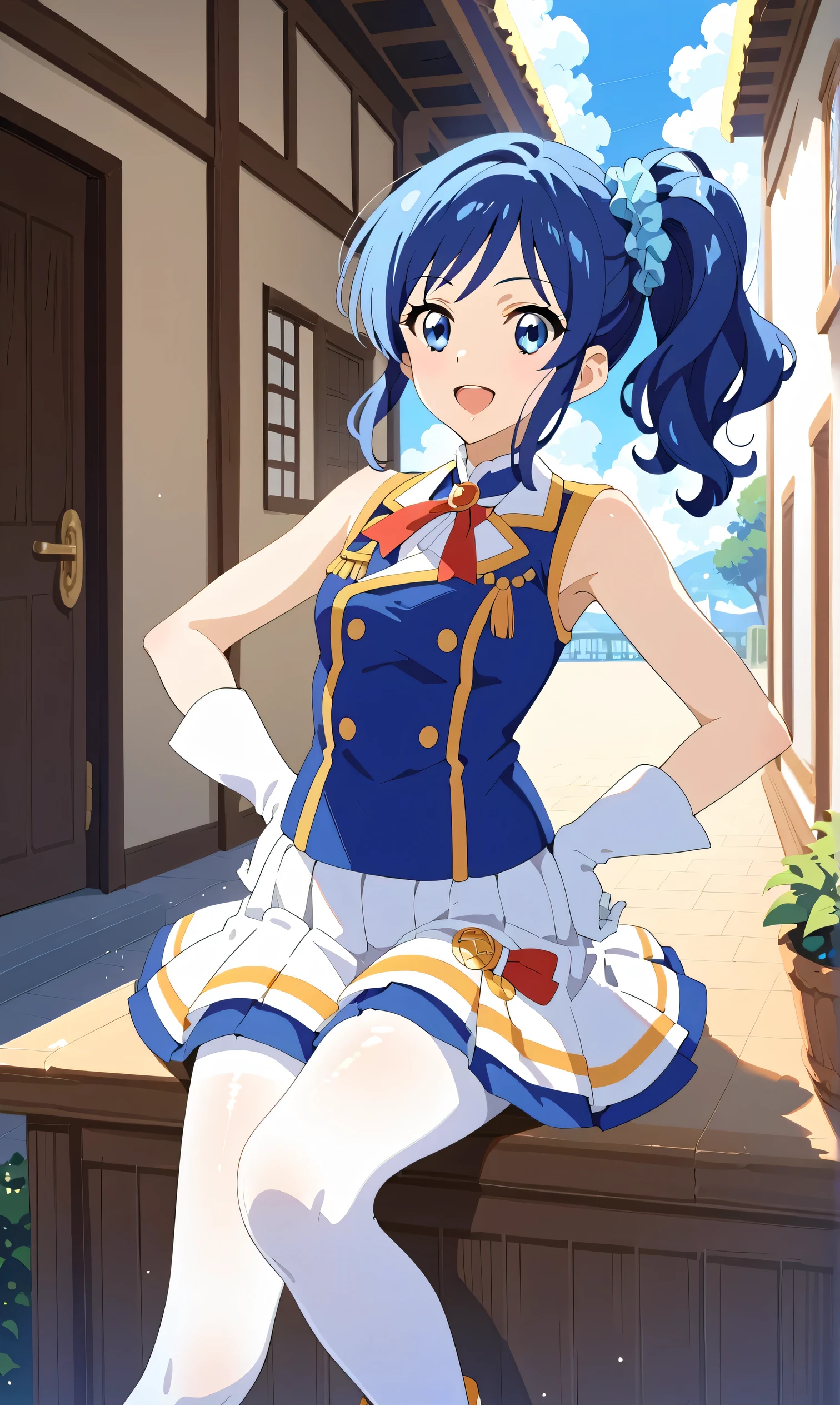 , masterpiece, highest quality, high resolution, 1 girl, solo, blue hair, blue eyes, Kiriya Aoi, , SunFes marching band uniform (Hibike! Euphonium), side ponytail, scrunchie, sleeveless, white gloves, pleated skirt, knee boots ,cowboy Shot, hands on hips, smiling, open mouth, outdoors, , wearing white pantyhose, legs open She's sitting there with a sly smile on her face.