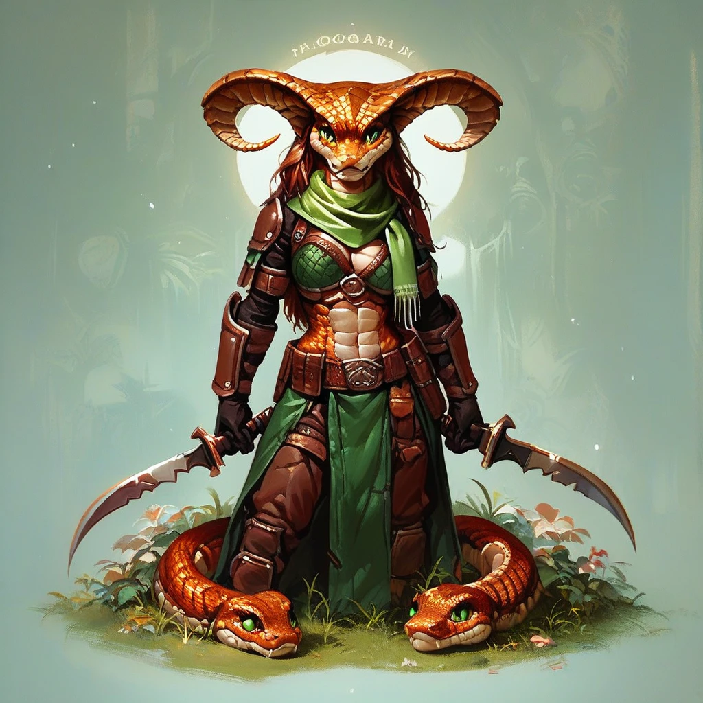 diterlizziartai, adult female, ram horns, pale skin with tribal patterns, scaly skin, snake eyes, full body view, rogue armor, scarf, sickle weapon