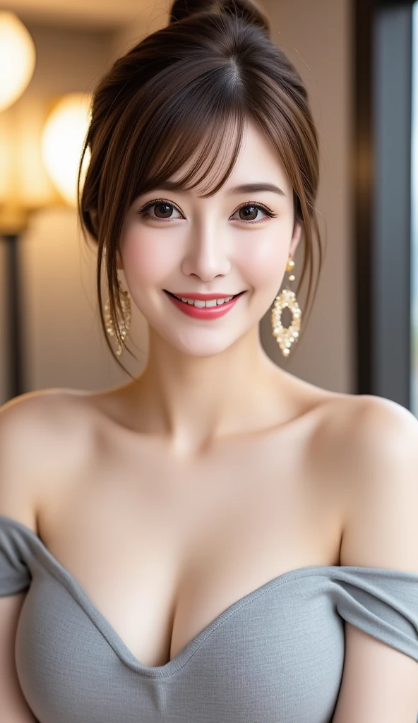 Profile photo、12Ｋ、ＨＤＲ、 bits deep 10 bits 、I'm wearing a party dress、 cute hair ornament、Hair tied up、 charming posing、 (  realistic  ) , (photo  realistic  :1.4), masterpiece,  so delicate and beautiful ,  very detailed bust ,smile、(  light brown hair )、A woman who exudes adult appeal  、 clear white skin  、  happy face、((( White teeth are visible)))、  random hairstyle  、(( looks at the audience and smiles )) 、  light brown eyes、  random pose 、Portrait Style、Full body photo、