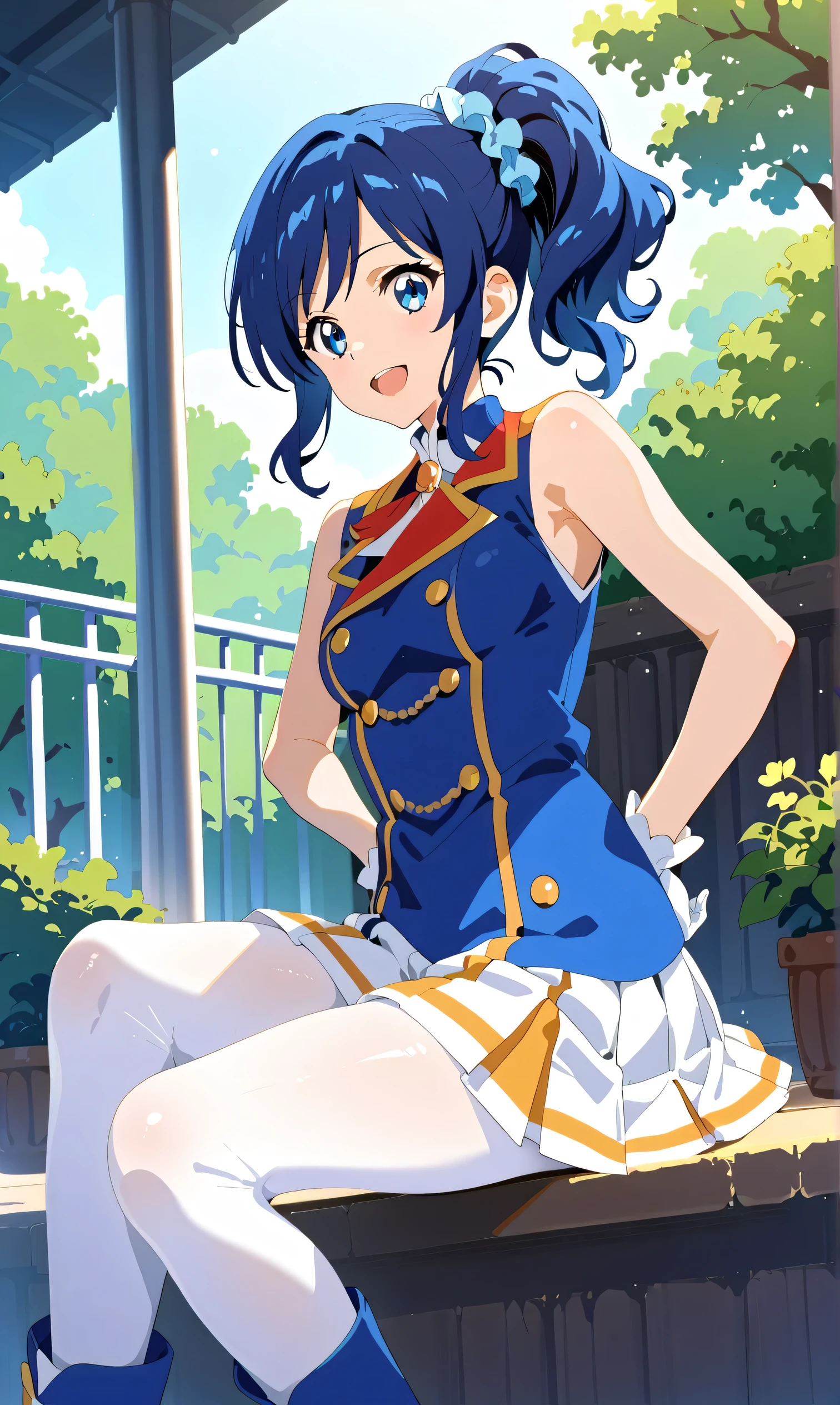 , masterpiece, highest quality, high resolution, 1 girl, solo, blue hair, blue eyes, Kiriya Aoi, , SunFes marching band uniform (Hibike! Euphonium), side ponytail, scrunchie, sleeveless, white gloves, pleated skirt, knee boots ,cowboy Shot, hands on hips, smiling, open mouth, outdoors, , wearing white pantyhose, legs open She's sitting there with a sly smile on her face.