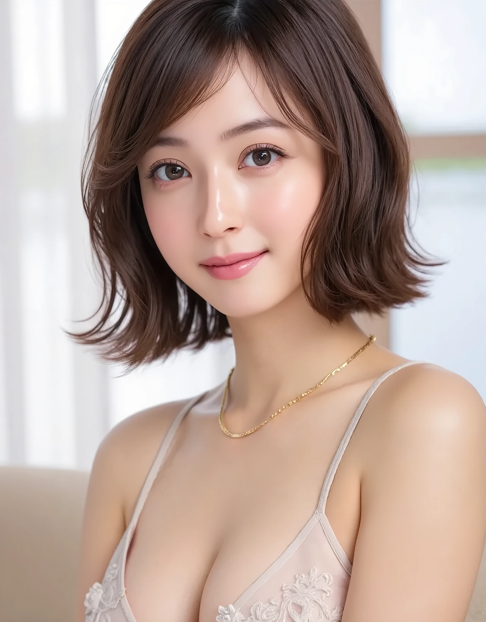 NSFW, (Highest quality), (Ultra-precise CG 16K wallpaper), (Realistic: 1.6), (High saturation), (Sharp), Beautiful detailed shading, Beautiful natural lighting, Beautiful detailed glow, Bright sunlight in the daytime, Natural light, Depth of field, (Mature 24 year old woman, One person: 1.6), (Very beautiful Japanese face), (Sasaki Nozomi), (Soft wavy short bob hair, bangs: 1.6), (Shiny black hair), (Sparkling eyes), (C cup size breasts, cleavage, slim thighs: 1.6), (Beautiful breasts), (Beautiful legs), (Beautiful skin), Beautiful proportions, (Smile: 1.0), (Looking at me: 1.6), (Ultimate sexy bikini lingerie clothing: 1.6), (Wearing a necklace), (Fashion model pose: 1.6), (Living room, window and curtains), (Full screen image:1.6), (full body shot:1.6), (image of a woman looking from the front:1.6),