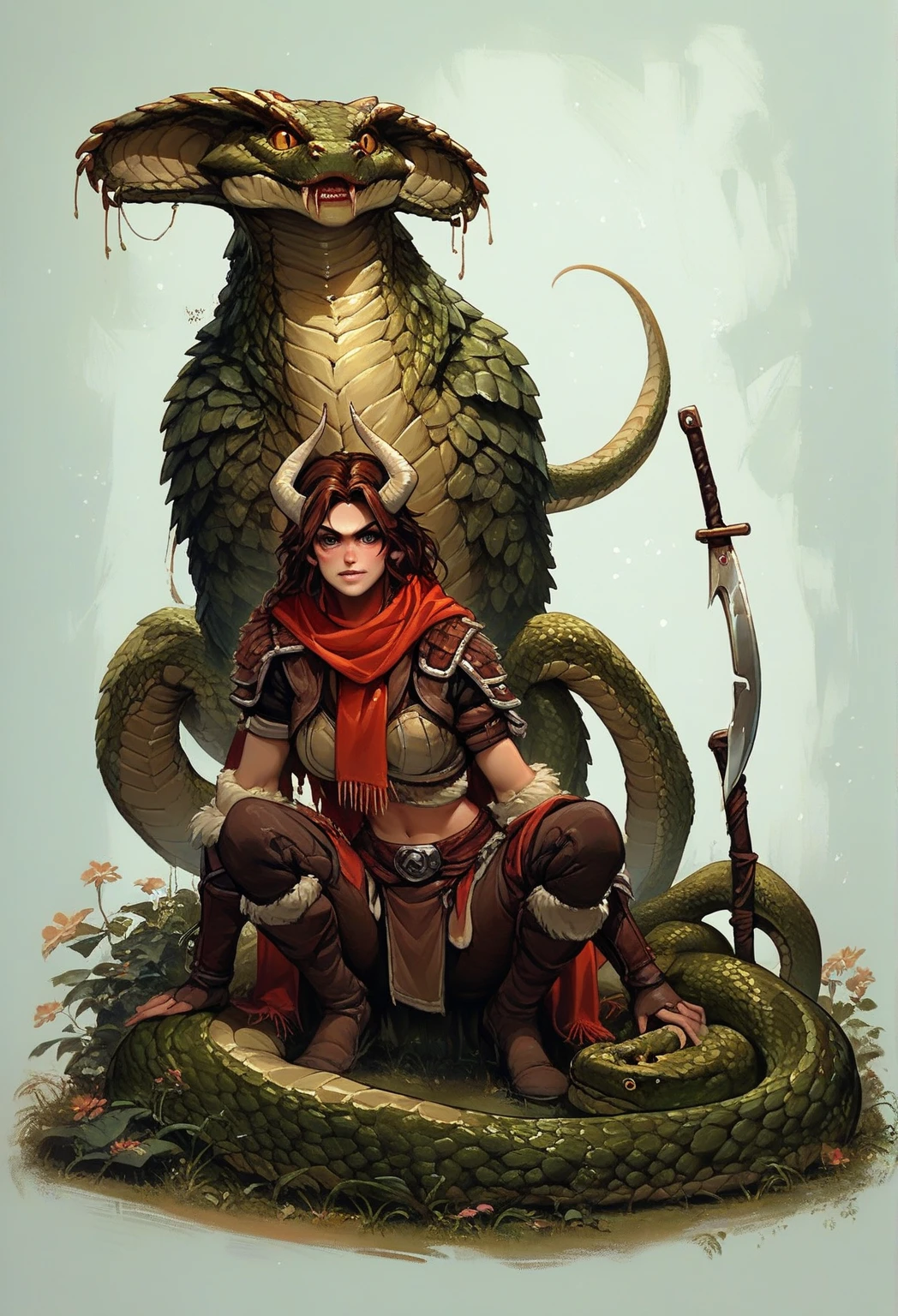 diterlizziartai, adult human female, female with ram horns, female with pale skin with tribal patterns, female with scaly skin, female with snake eyes, full body view, rogue armor, scarf, sickle weapon