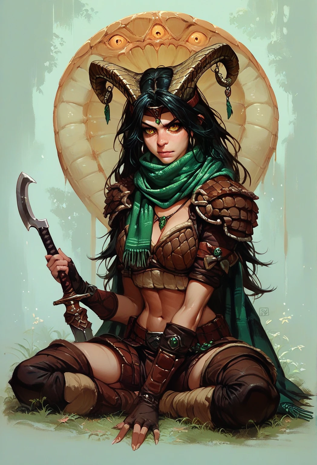 diterlizziartai, adult human female, female with ram horns, female with pale skin with tribal patterns, female with scaly skin, female with snake eyes, full body view, rogue armor, scarf, sickle weapon, solo female