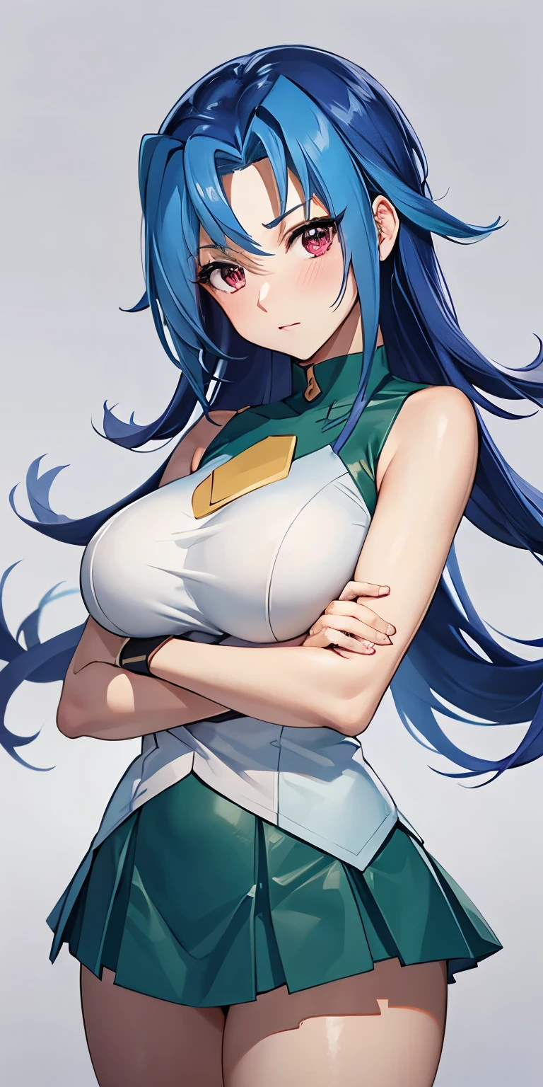 1 Female,High definition,high resolution,Ultra-realistic,8K, kr1, multicolored hair, dyed bangs, white shirt, sleeveless,  green skirt, tight skirt, miniskirt, pleated skirt, large breasts,European,sexy,Upper body close-up,Photographed from the front,Dynamic Angles,(blush), (medium tits) ,(crossed arms)