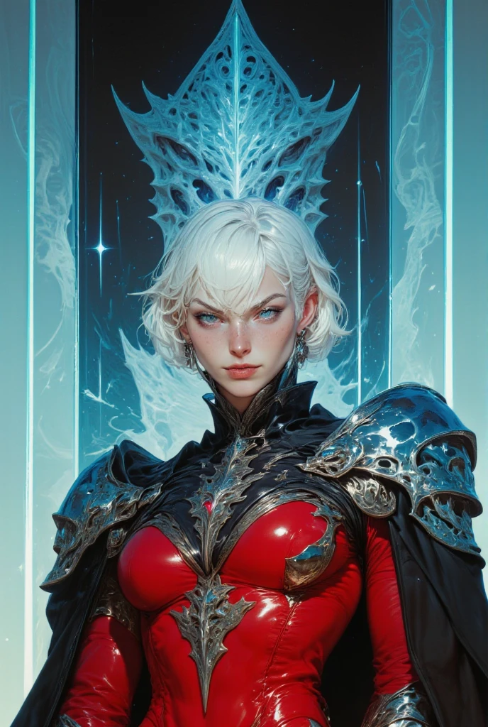 masterpiece, high-quality, A cybernetic woman in sleek red and black armor, her short white hair contrasting sharply with her intense gaze, Her armor is streamlined with metallic accents and a translucent larger image of herself looms behind as if showing her inner power, neon reflections, minimalistic composition, (elaborate fine details:1.1), (hyperdetailed:1.1), (intricate details:1.0), (Refined details:1.1), (best quality:1.1), (high resolution:1.2),
