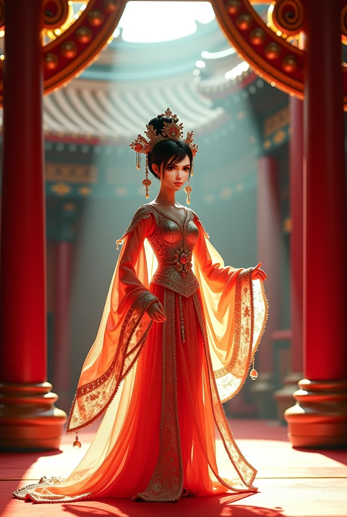 The image of Alafard of a woman in a red dress and earrings, Mu Yanling, Queen of the Sea, inspired by Shen Shizhen, inspired by Li Meishu, inspired by Huang Ji, inspired by Lan Ying, inspired by Qiu Ying, inspired by Ma Yuanyu, inspired by Wang Meng, full body fairy, inspired by Park Hua, 4K picture quality, PBR rendering, UE engine