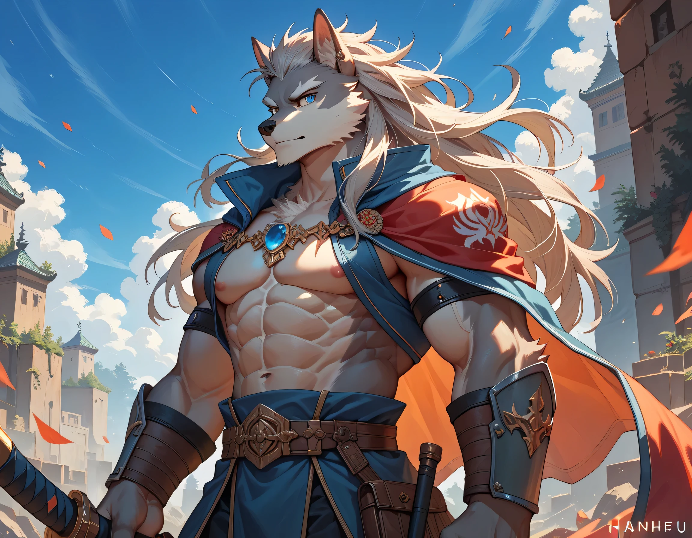 Tall, muscular young man with shaved hair, yellow eyes, wearing a fur cape and blue medieval armor with an axe on his back, in a medieval square mounted on a giant wolf a. Realistic, Full HD, best quality --s6 --auto
