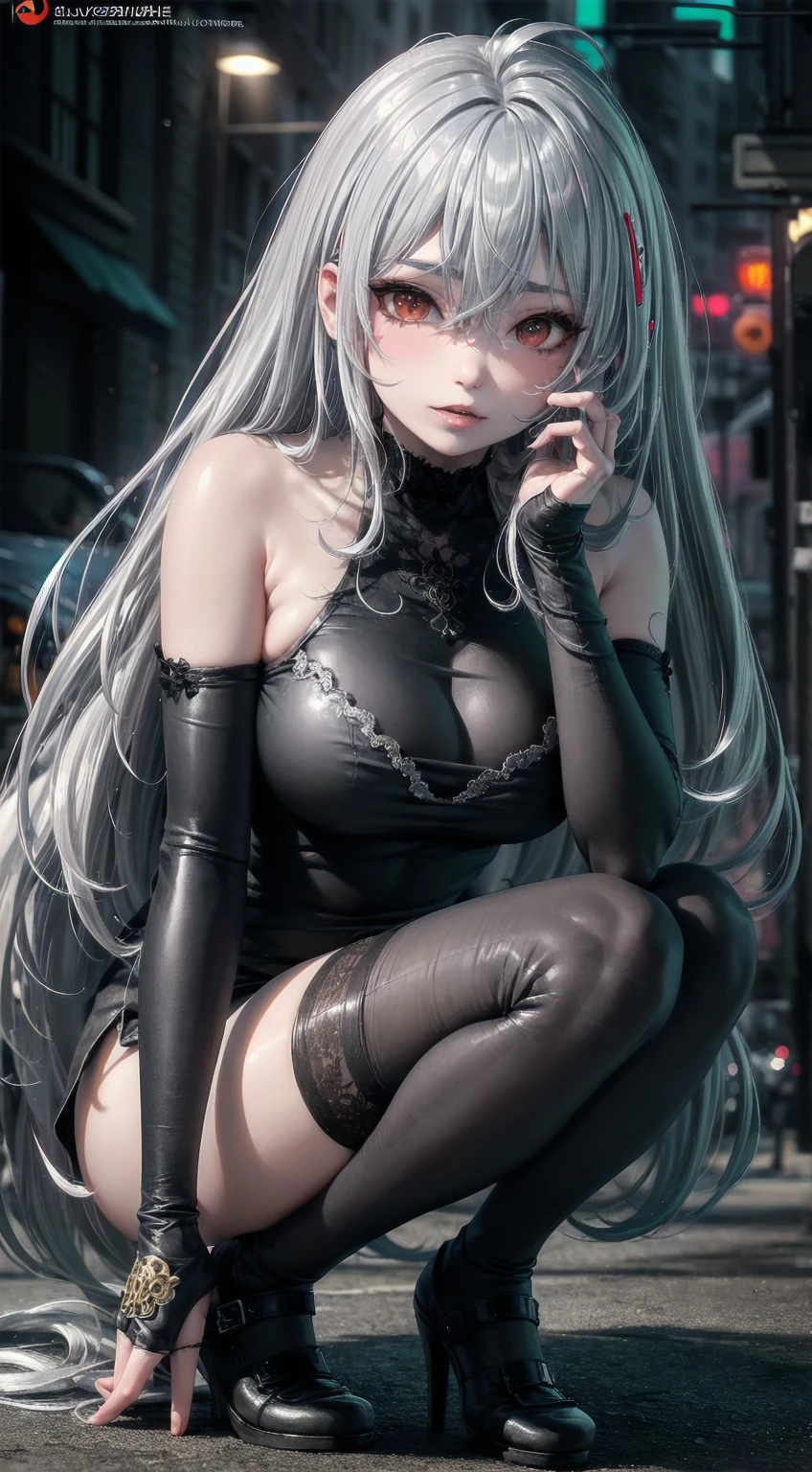 Best quality, masterpiece, high resolution, 2girl, ((street, watched, 8k, masterpiece: 1.3), full body, long legs, focal length: 1.2, (silverhair, : 1.8), perfect body: 1.6, slim abs: 1.4,) (tearing clothes, jack-o squatting position), Big Breasts: 3.5, Strong Body, Delicate Face, Stunning Character Art, Epic Exquisite Character Art, Beautiful Body, Extremely Detailed Artgerm, Detailed Digital Anime Art, Highly Detailed Face and Skin Texture, 4K, 8K, Maximum Clarity and Clarity, Very Sexy Pose, Stockings, Wearing Stockings, Sexy Dominant Pose, Sexy Pose, Wearing Stockings, Sexy Look, Satisfying Pose