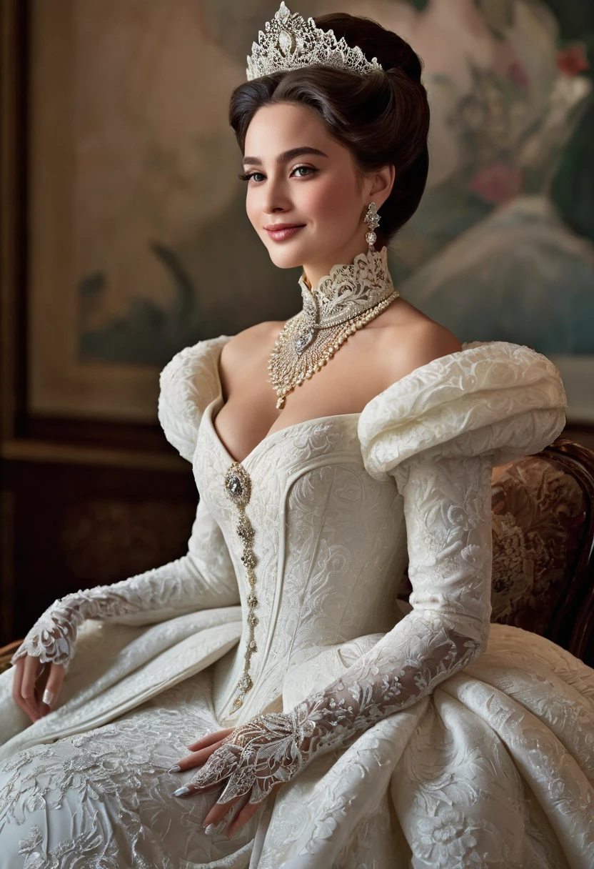 A celestial and supremely elegant royal mistress exudes an aura of dominance and allure. She is adorned in a breathtakingly regal, tight-fitting Victorian gown with a high neckline, intricate detailing, and long puffed shoulder sleeves. The dress gleams with a glossy, luxurious finish, evoking the sophistication of vintage English aristocracy. Sitting poised, she delicately holds a single small teacup in one hand, resting it upon a matching plate held in the other. Every motion is infused with temptation and confidence, her presence emanating power, dignity, and fearsome elegance.

Her face is a masterpiece of sensual beauty, with youthful, lordly features that command respect and admiration. Her gloved hands—each with four fingers and a thumb—remain fully covered in pristine white, emphasizing her refined and enigmatic allure. The atmosphere around her is charged with whimsy and sensuality, creating a world in which her unmatched beauty and godlike presence are impossible to ignore.

Her self-assured, beguiling smile reveals both pride and dominance, hinting at a powerful, seductive charisma. Her figure is voluptuous yet entirely concealed beneath her elaborate attire, adding to the tantalizing mystery. Her demeanor, both whimsical and provocative, carries an air of playful authority. Each expression and gesture is designed to captivate, seduce, and command, leaving those in her presence awestruck by her divine beauty and commanding power.