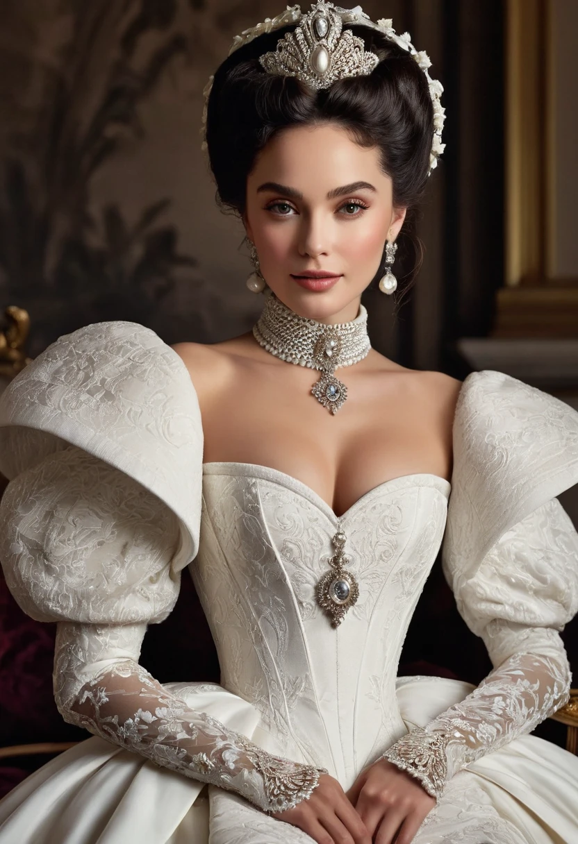 A celestial and supremely elegant royal mistress exudes an aura of dominance and allure. She is adorned in a breathtakingly regal, tight-fitting Victorian gown with a high neckline, intricate detailing, and long puffed shoulder sleeves. The dress gleams with a glossy, luxurious finish, evoking the sophistication of vintage English aristocracy. Sitting poised, she delicately holds a single small teacup in one hand, resting it upon a matching plate held in the other. Every motion is infused with temptation and confidence, her presence emanating power, dignity, and fearsome elegance.

Her face is a masterpiece of sensual beauty, with youthful, lordly features that command respect and admiration. Her gloved hands—each with four fingers and a thumb—remain fully covered in pristine white, emphasizing her refined and enigmatic allure. The atmosphere around her is charged with whimsy and sensuality, creating a world in which her unmatched beauty and godlike presence are impossible to ignore.

Her self-assured, beguiling smile reveals both pride and dominance, hinting at a powerful, seductive charisma. Her figure is voluptuous yet entirely concealed beneath her elaborate attire, adding to the tantalizing mystery. Her demeanor, both whimsical and provocative, carries an air of playful authority. Each expression and gesture is designed to captivate, seduce, and command, leaving those in her presence awestruck by her divine beauty and commanding power.