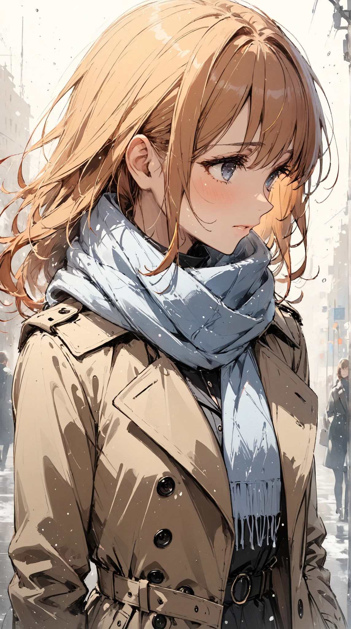 1girl, trench coat, scarf, looking away, cold breath