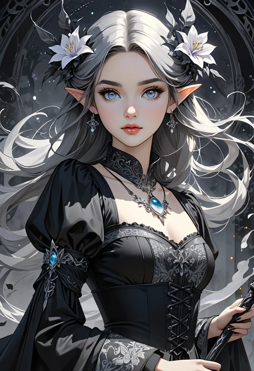 there is a woman with a white hair and a black dress, girl with white hair, fantasy art style, beautiful fantasy art portrait, fantasy art portrait, in the art style of bowater, dark fantasy style art, cute face. dark fantasy, gothic fantasy art, beautiful and elegant elf queen, perfect white haired girl, dark fantasy portrait, beautiful character painting