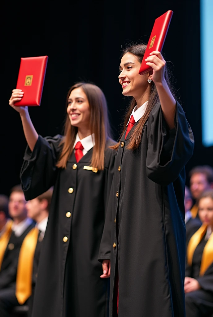 there are two women in uniform holding up diplomas at a graduation ceremony, awarded photograph, award painting, very grainy image, ((oversaturated)), award winning picture, very professional, very grainy, oversaturated, award-winnig photo, awarded, awarded photograher, honored, on stage, grainy photo, winning award photo, winning award piece