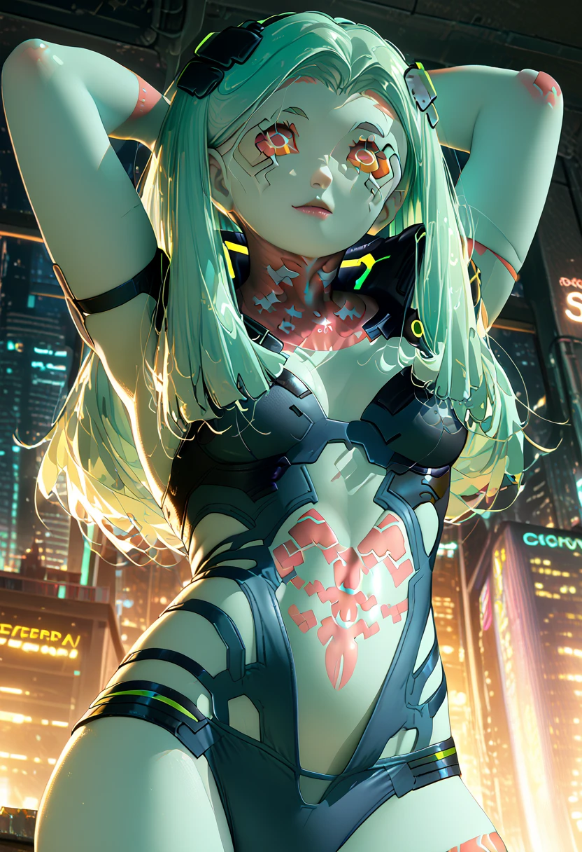 ((Rebecca Cyberpunk: Edgerunners)) standing on the roof with her hands raised up to the sun wearing ((sexy lingerie))