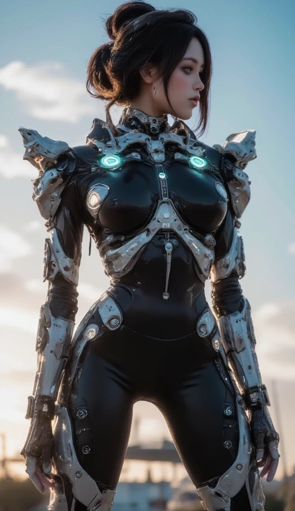  Cute Female Robot  , heavy weapons,  Glowing Joints and Gaps  , 新  super detailed  ,  brightly colored  ,  dynamic pose,  highly detailed face and eyes  , Intricate mechanical design with glowing white joints and gaps , Glowing Parts 、 amazing on the beach, black body photorealistic,  cinematic lighting,  soft lighting ,  chiaroscuro,  cinematic lighting、8k, masterpiece, U high res , retina, masterpiece, Accurate, 解剖学的にAccurate ,  textured skin  ,  super detailed  ,  high detail ,  High Quality  , Award winning  , 最  High Quality  , high res, 1080P, high res, 16k,  black hair、 twin braids ,  medium breasts,  messy hair, two-tone、Kneeling on the floor、 blue sky、 black hair、 Female Robot Looking Up at the Sky 、  Full Body Portrait 