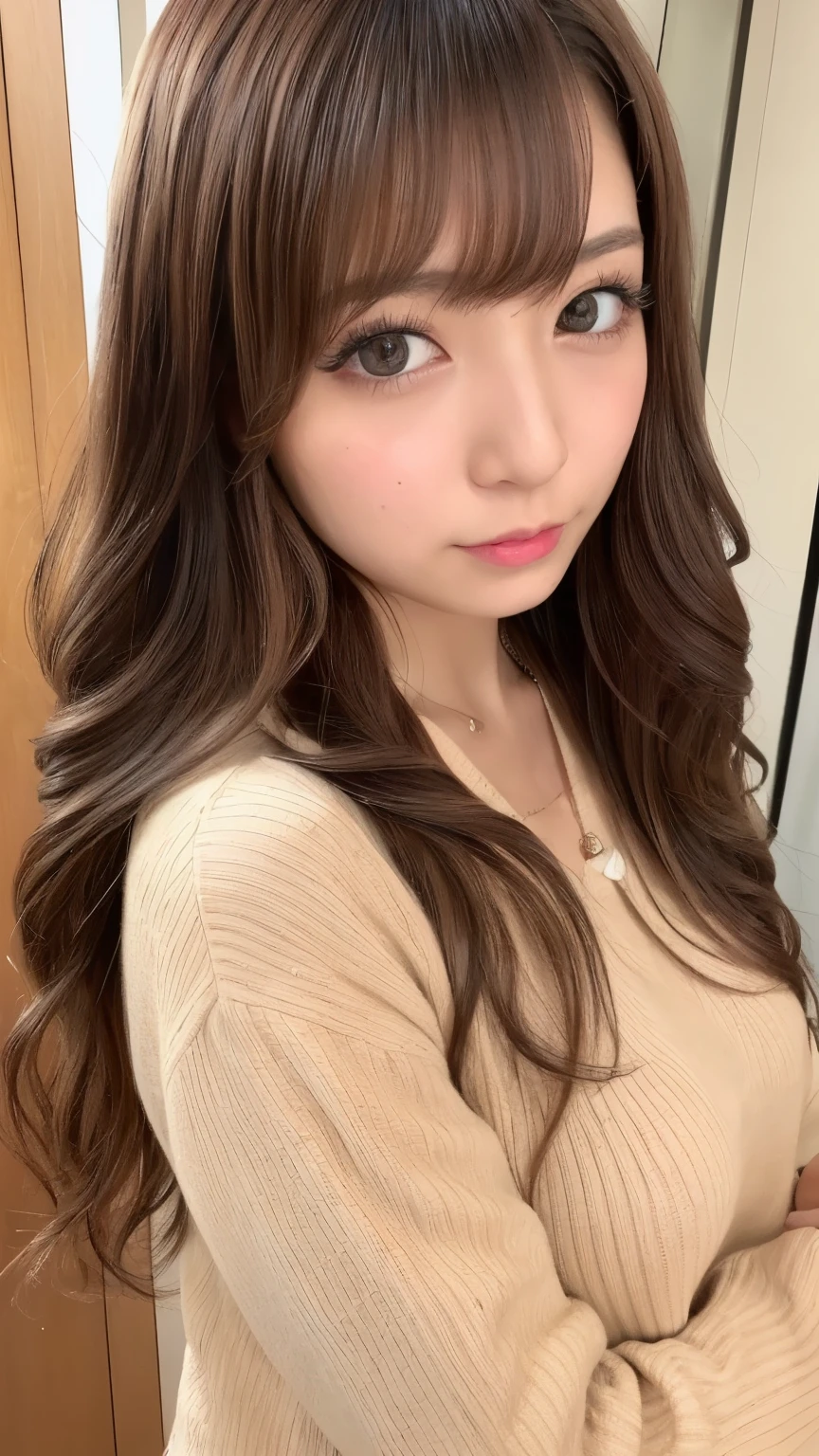 ((highest quality, 8k, masterpiece: 1.3)), 1 female, Japanese Idols,Sensual beauty: 1.3, (Hair style Brown hair Medium wave, big: 1.2), Stylish nightwear: 1.1, Very friendly face, Delicate eyes, double eyelid, Mole, Sit on the sofa,Plump body,