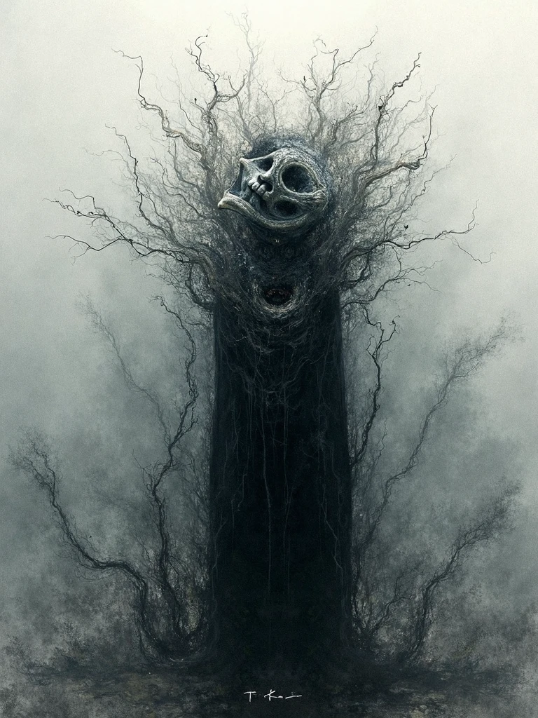 <lora:b3ks1n:1>b3ks1n a strange haunted being standing in a dark field evaporating