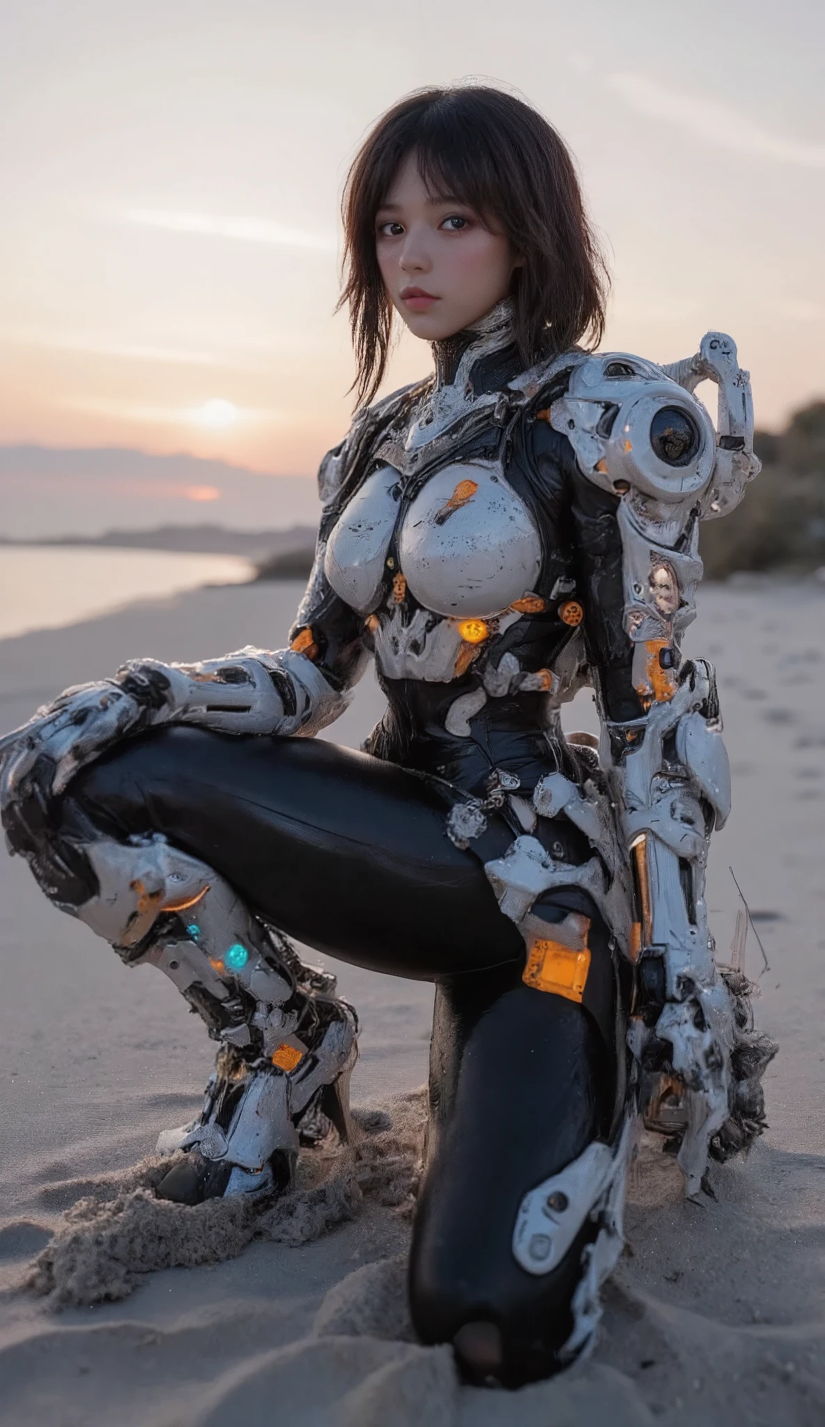  Cute Female Robot  , heavy weapons,  Glowing Joints and Gaps  , 新  super detailed  ,  brightly colored  ,  dynamic pose,  highly detailed face and eyes  , Intricate mechanical design with glowing white joints and gaps , Glowing Parts 、 amazing on the beach, black body photorealistic,  cinematic lighting,  soft lighting ,  chiaroscuro,  cinematic lighting、8k, masterpiece, U high res , retina, masterpiece, Accurate, 解剖学的にAccurate ,  textured skin  ,  super detailed  ,  high detail ,  High Quality  , Award winning  , 最  High Quality  , high res, 1080P, high res, 16k,  black hair、 twin braids ,  medium breasts,  messy hair, two-tone、Kneeling on the floor、 blue sky、 black hair、 Female Robot Looking Up at the Sky 、  Full Body Portrait 