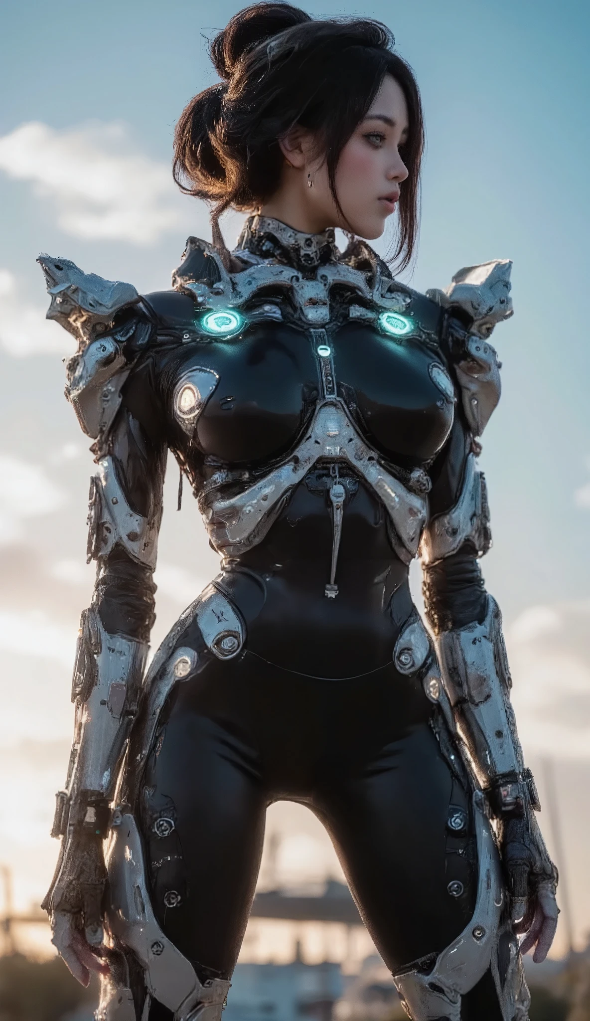 Cute Female Robot , heavy weapons, Glowing Joints and Gaps , 新 super detailed , brightly colored , dynamic pose, highly detailed face and eyes , Intricate mechanical design with glowing white joints and gaps , Glowing Parts 、 amazing on the beach, black body photorealistic, cinematic lighting, soft lighting , chiaroscuro, cinematic lighting、8k, masterpiece, U high res , retina, masterpiece, Accurate, 解剖学的にAccurate , textured skin , super detailed , high detail , High Quality , Award winning , 最 High Quality , high res, 1080P, high res, 16k, black hair、 twin braids , medium breasts, messy hair, two-tone、Kneeling on the floor、 blue sky、 black hair、 Female Robot Looking Up at the Sky 、 Full Body Portrait