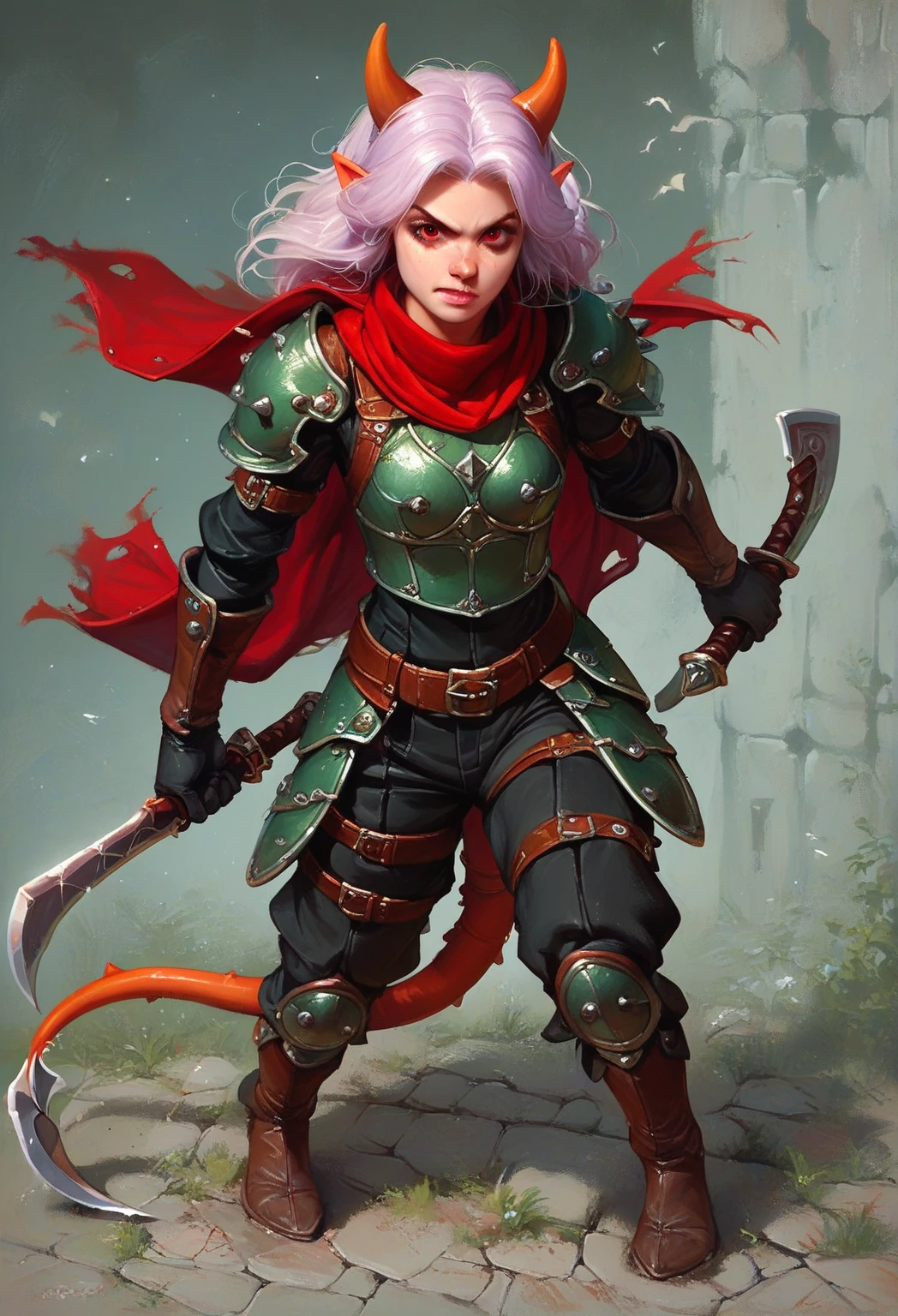 diterlizziartai, adult human female, female with monster ears, female with patterned skin, female with demon eyes, full body view, rogue armor, medieval armor, leather armor, scarf, woman wielding a sickle weapon, solo female, action pose, lavender and black speckled skin, red eyes, woman with scorpion tail, woman with wide gremlin ears