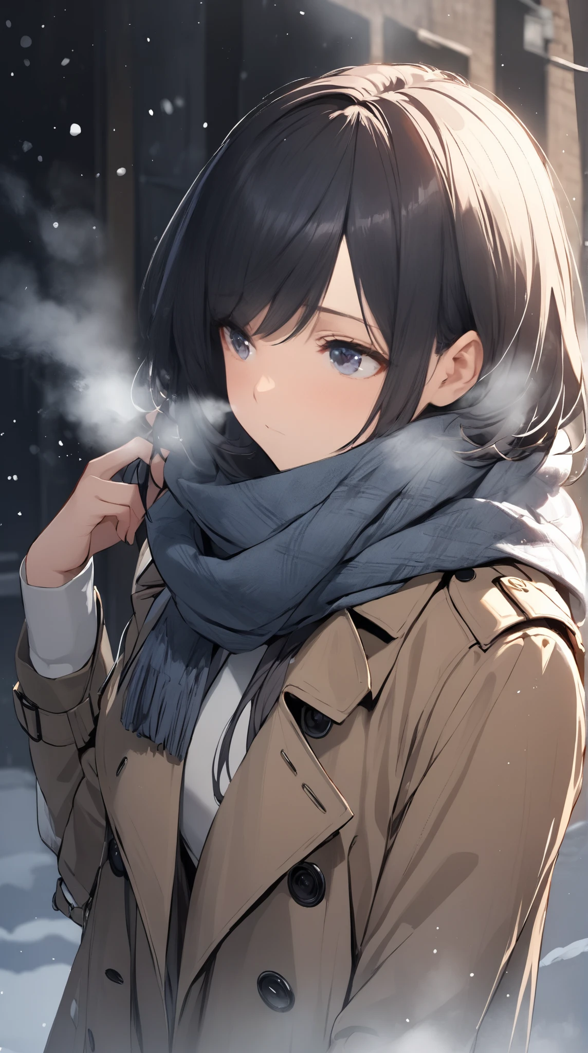 1girl, trench coat, scarf, looking away, cold breath