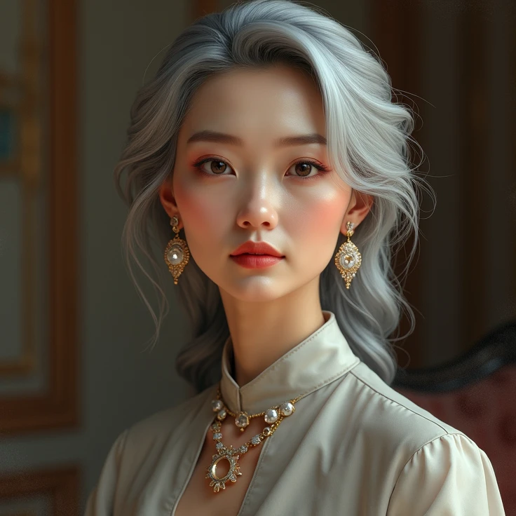 7 mother Mature Woman Japanese women Big earrings Big choker Belly button piercing decoration bracelet Silver Hair Realistic ゴージャスなマダム美しいMature Woman sexy smile Gentle women's navel piercing 4K.High resolution