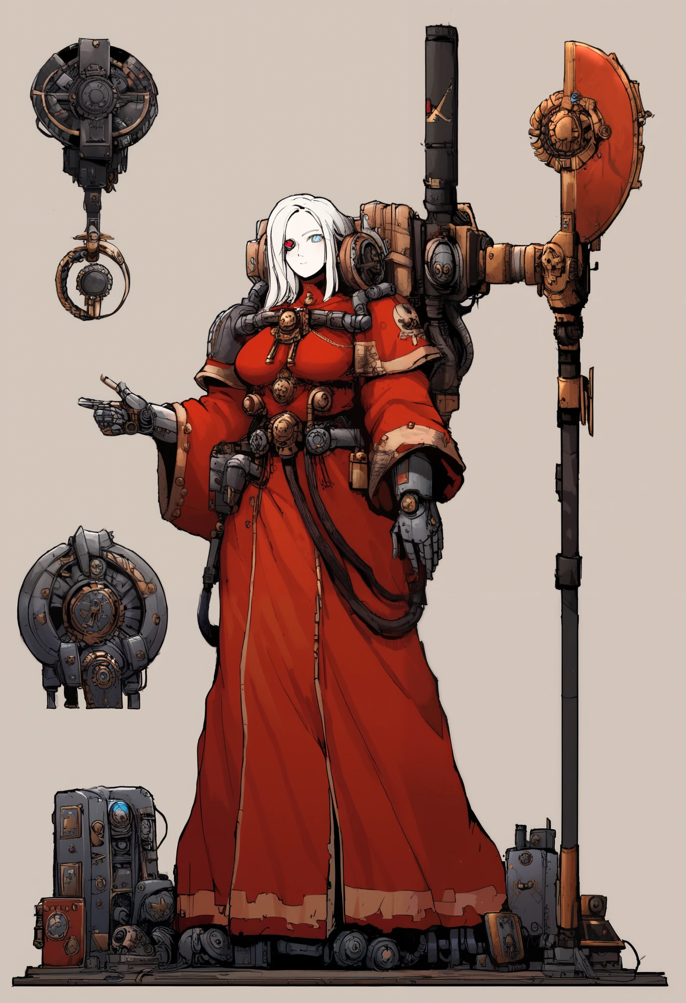 Anime, Concept art, Absurd resolution, high resolution, (masterpiece: 1.4), hyper-detail, octosoup, warhammer 40k, 1woman, admech, staff, red robe, cybernetics, long hair, albino, cyborg, mechanical hands, boob window, midriff, tubes, wires, raggy clothes, cybernetic eye, adeptus mechanicus, red robe, tech priest, mechanical joints, reference sheet,