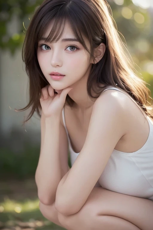 finely detail, hight resolution, hightquality、Perfect dynamic composition, Beautiful detailed eyes, Medium Hair, Colossal tits 、Natural Color Lip, Squatting,Kamimei、Shibuya、college aged、1 persons、Transparent skin、Glowing hair、masutepiece, Best Quality, Illustration, Ultra-detailed, finely detail, hight resolution, 8K