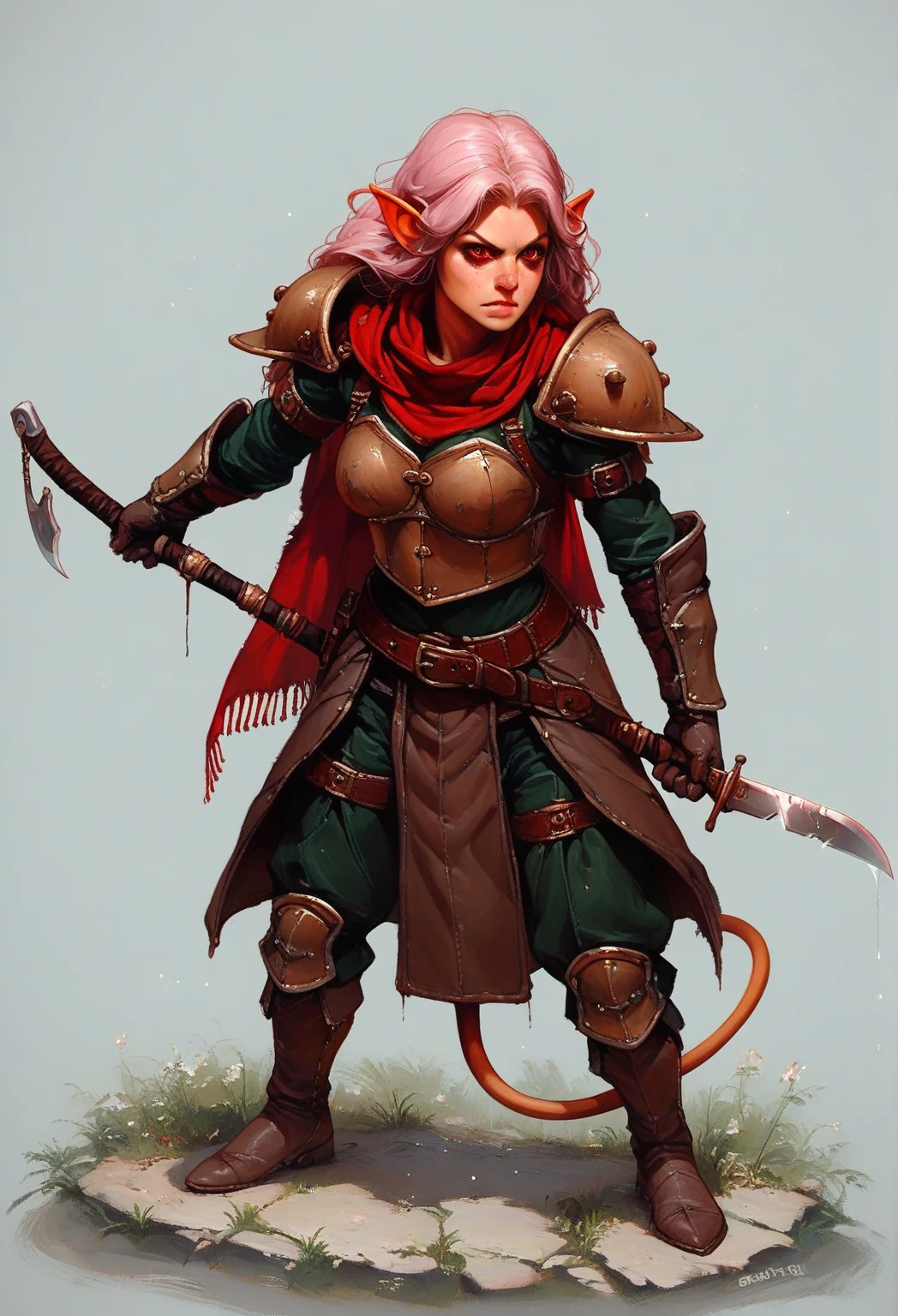 diterlizziartai, human female, female with gremlin ears, female with patterned skin, female with demon eyes, full body view, rogue armor, medieval armor, leather armor, scarf, woman wielding a sickle weapon, solo female, action pose, lavender and black speckled skin, red eyes, woman with scorpion tail, woman with wide gremlin ears