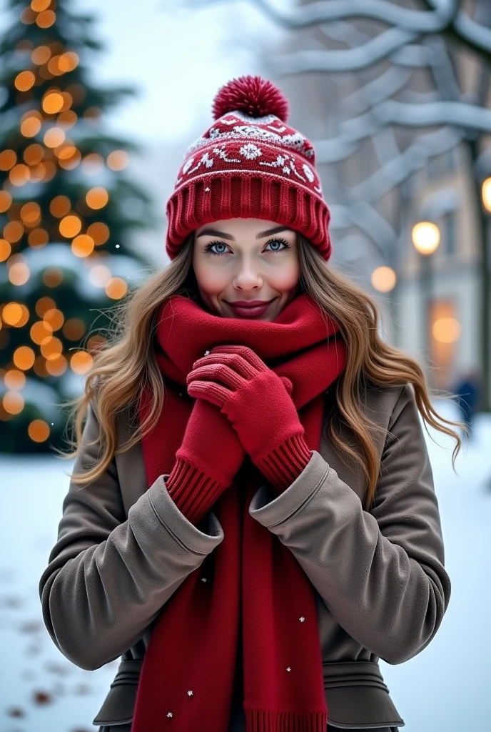  beautiful colors ,  1 girl fights,  Beautiful curvy hair , barrette , Small Makeup , scarf, coat,  warm pants ,  fur gloves ,  perfect anatomy , snowy background , winter, Mountains, a river, trees, Sun, clouds, bright colors, (8 k,  complicated details,  better quality ,  complex textures ,  masterpiece fails,  maximum quality),