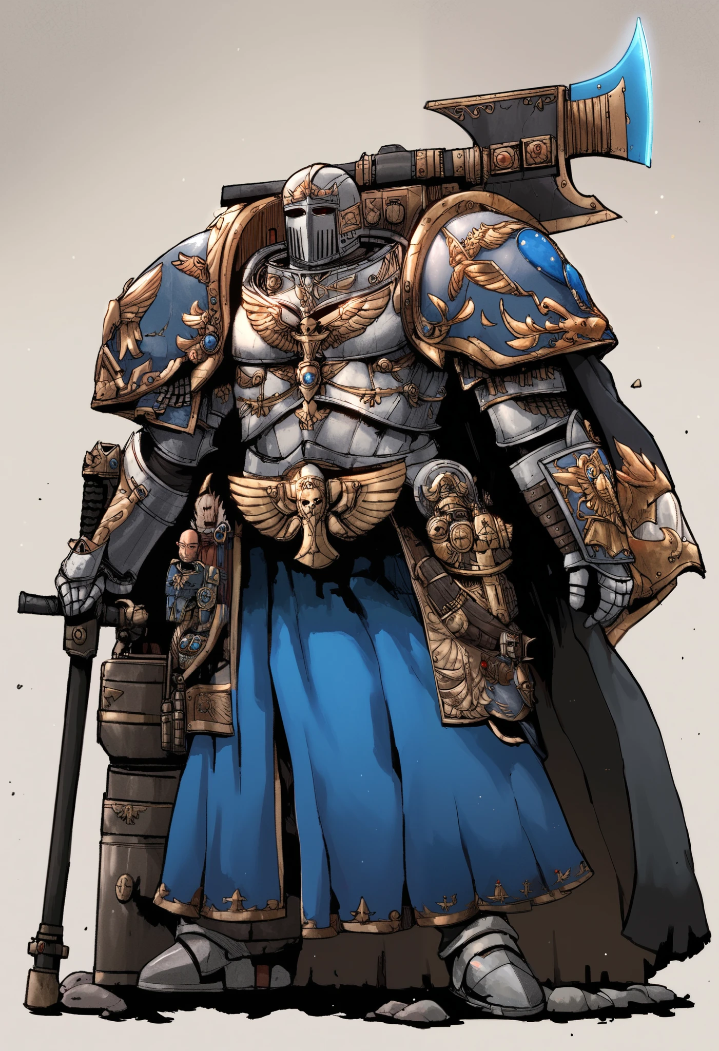 Anime, Concept art, Absurd resolution, high resolution, (masterpiece: 1.4), hyper-detail, warhammer 40k terminator armor, Juggernaut armor, heavy armor, knight, crusader, holding axe, axe: 1.5, full body, glowing weapon, cloak, silver armor, edgy, grimdark, octosoup, 1man, bulky, buff, scary, adeptus custode,