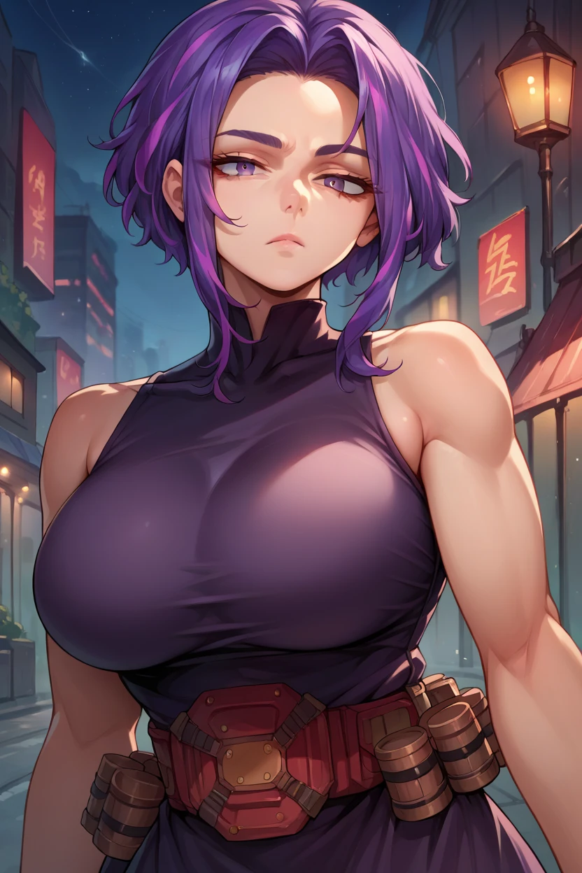 score_9, score_8_up, score_7_up, score_6_up, source_anime, BREAK 1girl, solo, ladynagant, purple hair, streaked hair, short hair, purple eyes, purple dress, belt, sleeveless, (huge breasts:0.7), looking at you, expressionless, night, city, upper body