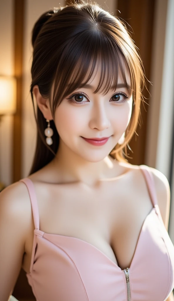 Profile photo、12Ｋ、ＨＤＲ、 bits deep 10 bits 、I'm wearing a party dress、 cute hair ornament、Hair tied up、 charming posing、 (  realistic  ) , (photo  realistic  :1.4), masterpiece,  so delicate and beautiful ,  very detailed bust ,smile、(  light brown hair )、A woman who exudes adult appeal  、 clear white skin  、  happy face、((( White teeth are visible)))、  random hairstyle  、((Look down and smile)) 、  light brown eyes、  random pose 、Portrait Style、