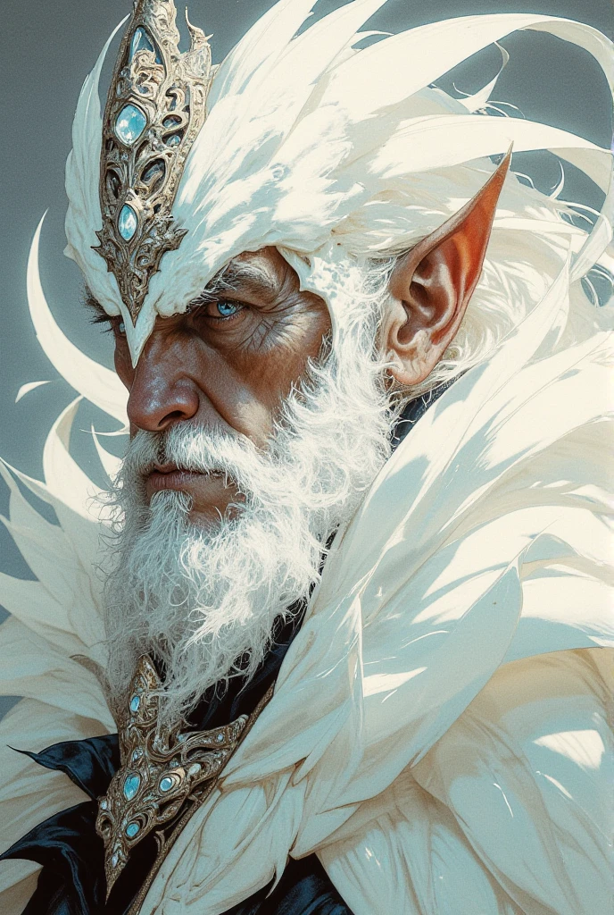 A stunning close-up portrait of an elderly man adorned with pure white feathers that gracefully surround his head and shoulders. His deeply wrinkled face exudes wisdom and serenity, while his striking blue eyes gaze thoughtfully into the distance. His thick white eyebrows and beard blend seamlessly with the soft, delicate feathers, creating an ethereal and harmonious appearance.
The feathers are intricately detailed, their soft texture and radiant whiteness adding a sense of purity and transcendence to the scene. The lighting is gentle and diffuse, highlighting the manâs facial features and the intricate details of the feathers. The neutral gray background keeps the focus on the man and his celestial-like adornment.
The overall atmosphere is one of tranquility and mysticism, evoking themes of spiritual wisdom, purity, and the interconnectedness of nature and humanity.
