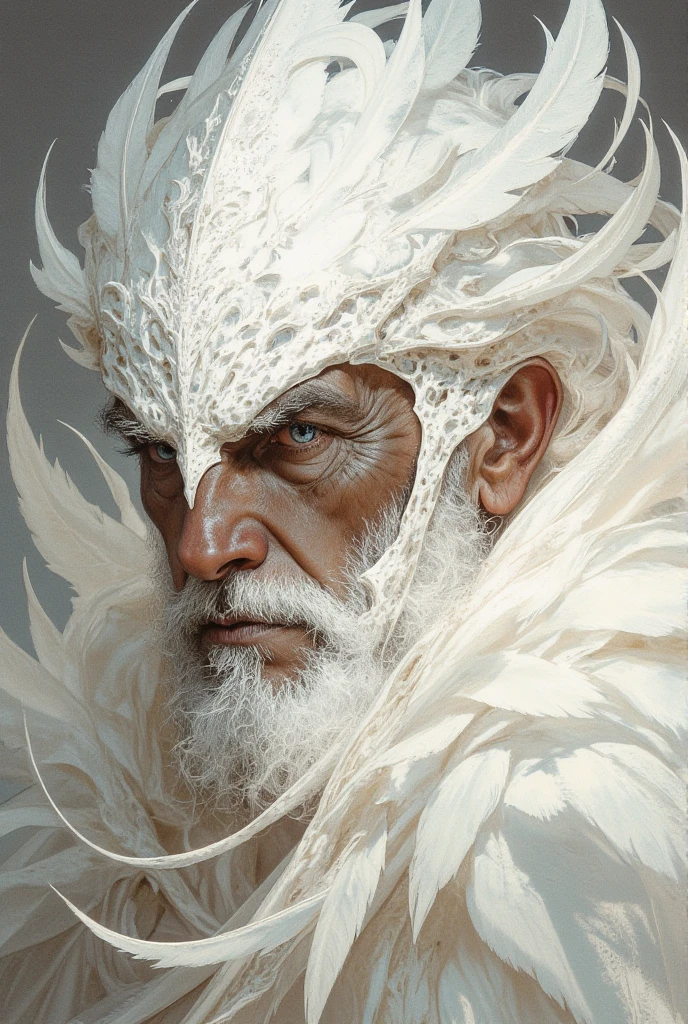 A stunning close-up portrait of an elderly man adorned with pure white feathers that gracefully surround his head and shoulders. His deeply wrinkled face exudes wisdom and serenity, while his striking blue eyes gaze thoughtfully into the distance. His thick white eyebrows and beard blend seamlessly with the soft, delicate feathers, creating an ethereal and harmonious appearance.
The feathers are intricately detailed, their soft texture and radiant whiteness adding a sense of purity and transcendence to the scene. The lighting is gentle and diffuse, highlighting the manâs facial features and the intricate details of the feathers. The neutral gray background keeps the focus on the man and his celestial-like adornment.
The overall atmosphere is one of tranquility and mysticism, evoking themes of spiritual wisdom, purity, and the interconnectedness of nature and humanity.
