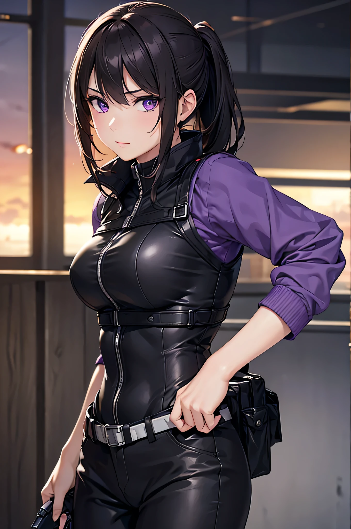 8k resolution,(( top quality )), super high res,Adult female, Alone,  sexy, ( is staring), ( purple eyes),  beautiful symmetrical face , (Black long ponytail),Black combat vest,assassin's catsuit, suit pants, realistic :1.4, realistic :1.4,(  Masterpiece  :1.2), perfect eyes, perfect eyes, anatomically correct human body,Closed Room at Night,mercenary, tactical belt ,holster,gun, muscular